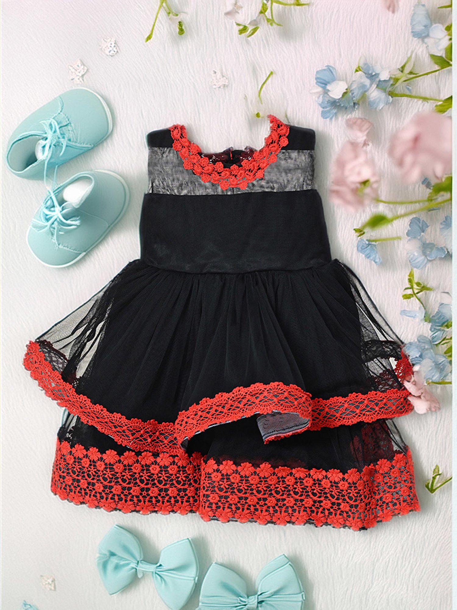 Bella Moda Girls Red & Black Self Design Dress