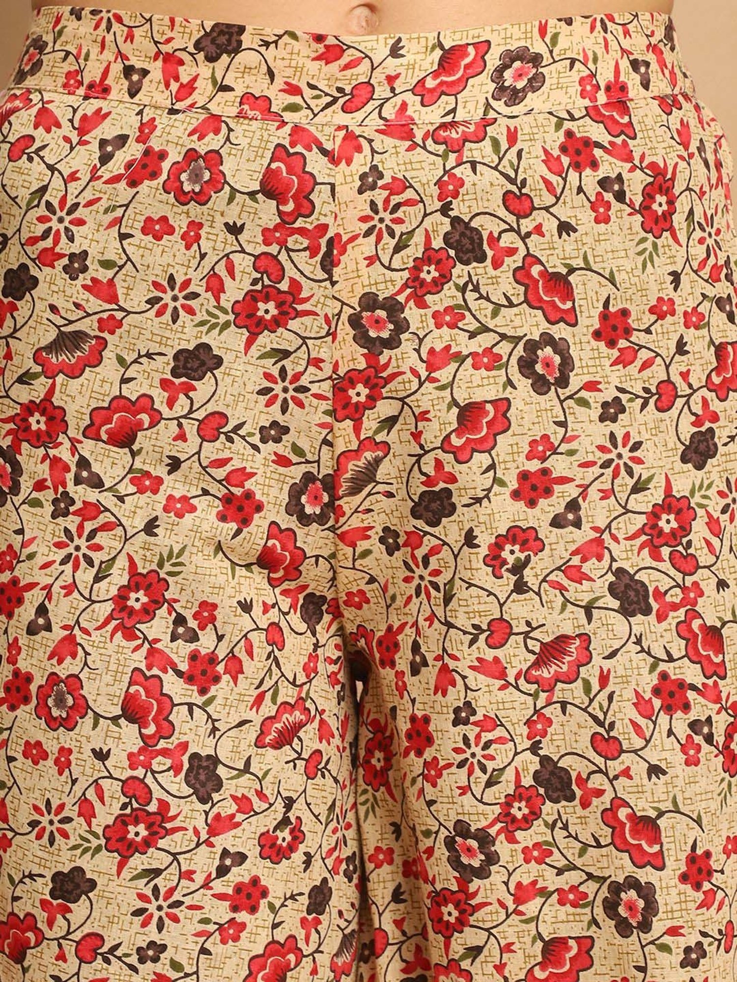 Jompers Beige Cotton Printed Kurta Palazzo Set With Dupatta