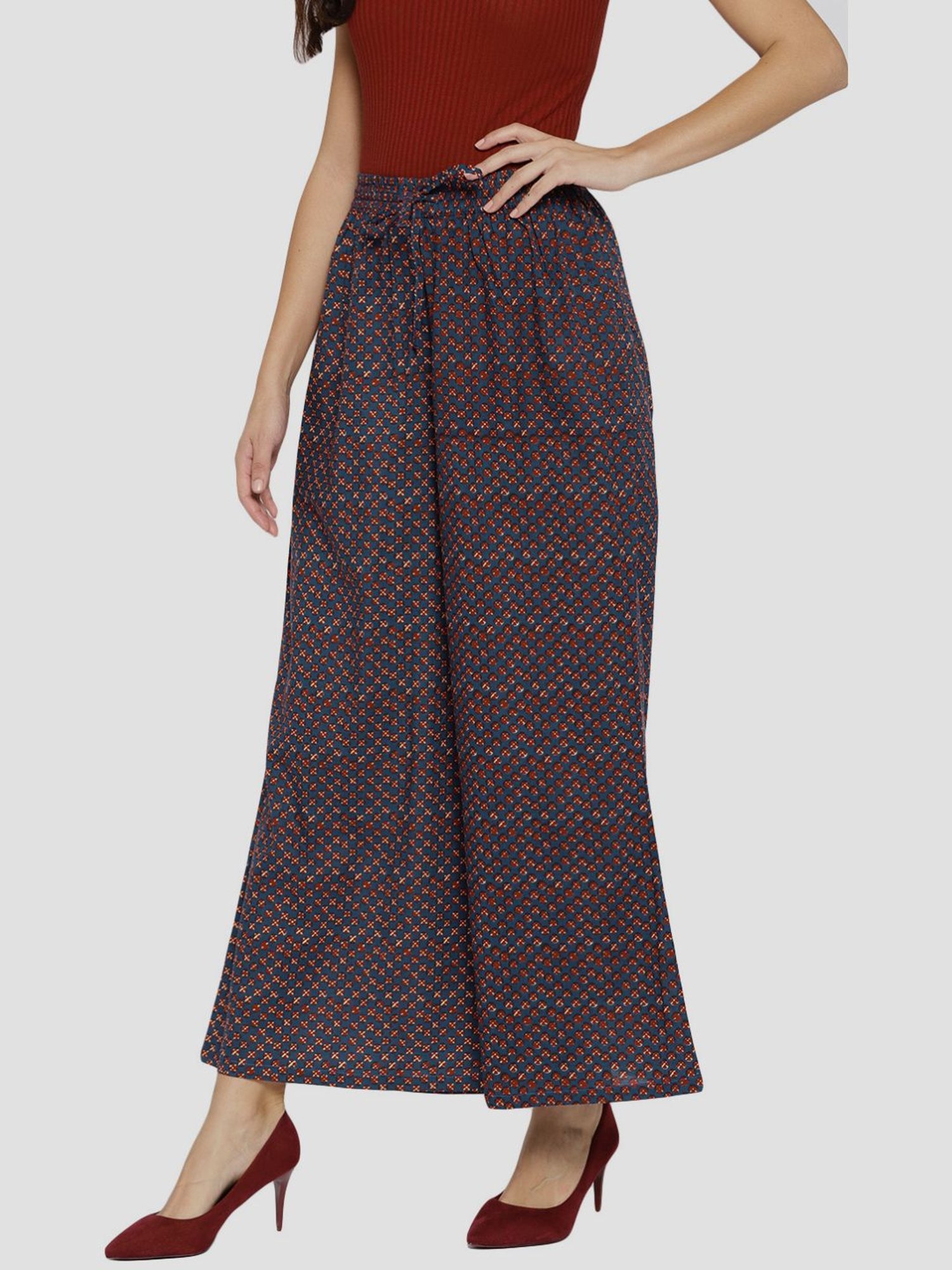 Sringam Blue Cotton Printed Palazzos