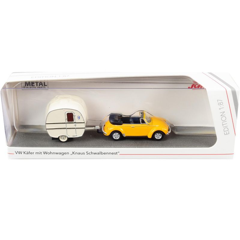 Volkswagen Kafer Convertible Yellow with Knaus Schwalbennest Travel Trailer Cream 1/87 (HO) Diecast Model Car by Schuco