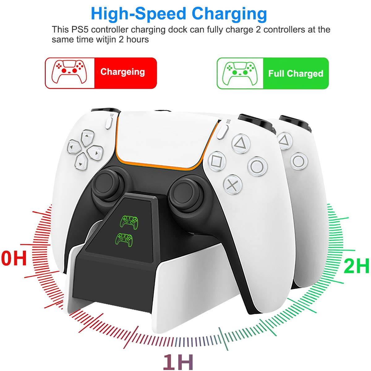 PS5 Dualsense Charging Station, PS5 Controller Charger Station with LED Indicator, Intelligent Chip Protection, USB Cable Fast Charging