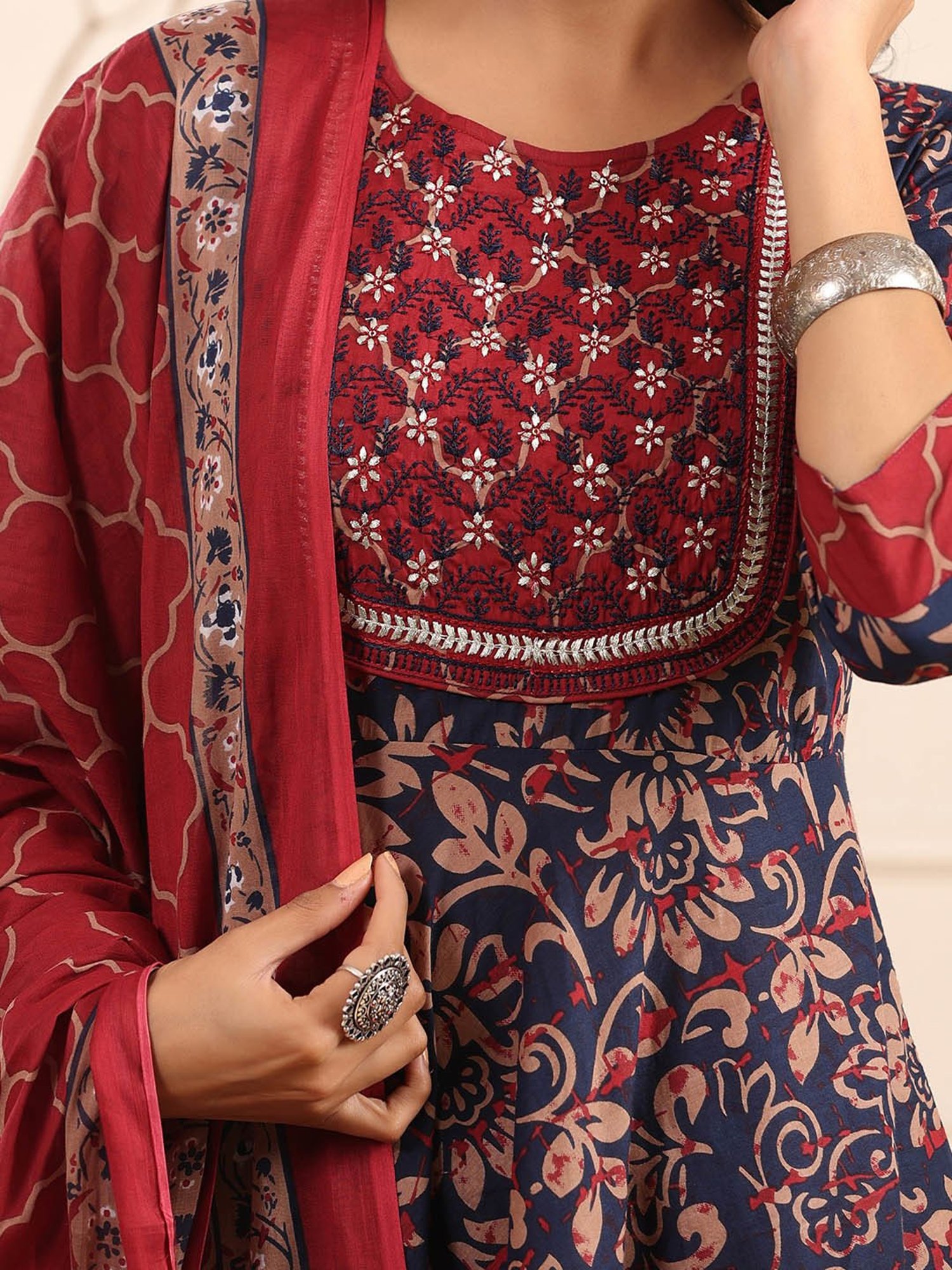 Rain and Rainbow Navy & Maroon Cotton Floral Print Kurta With Pant & Dupatta