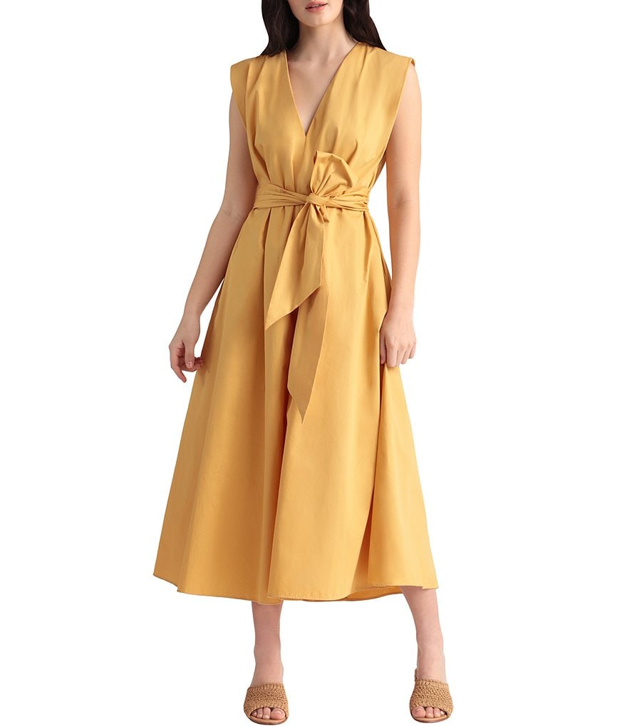 Maggy London Petite V-Neck Tie Waist Cotton Poplin Midi Dress