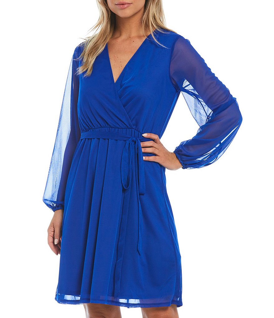Marina Long Sleeve V-Neck Tie Front Chiffon Wrap Dress