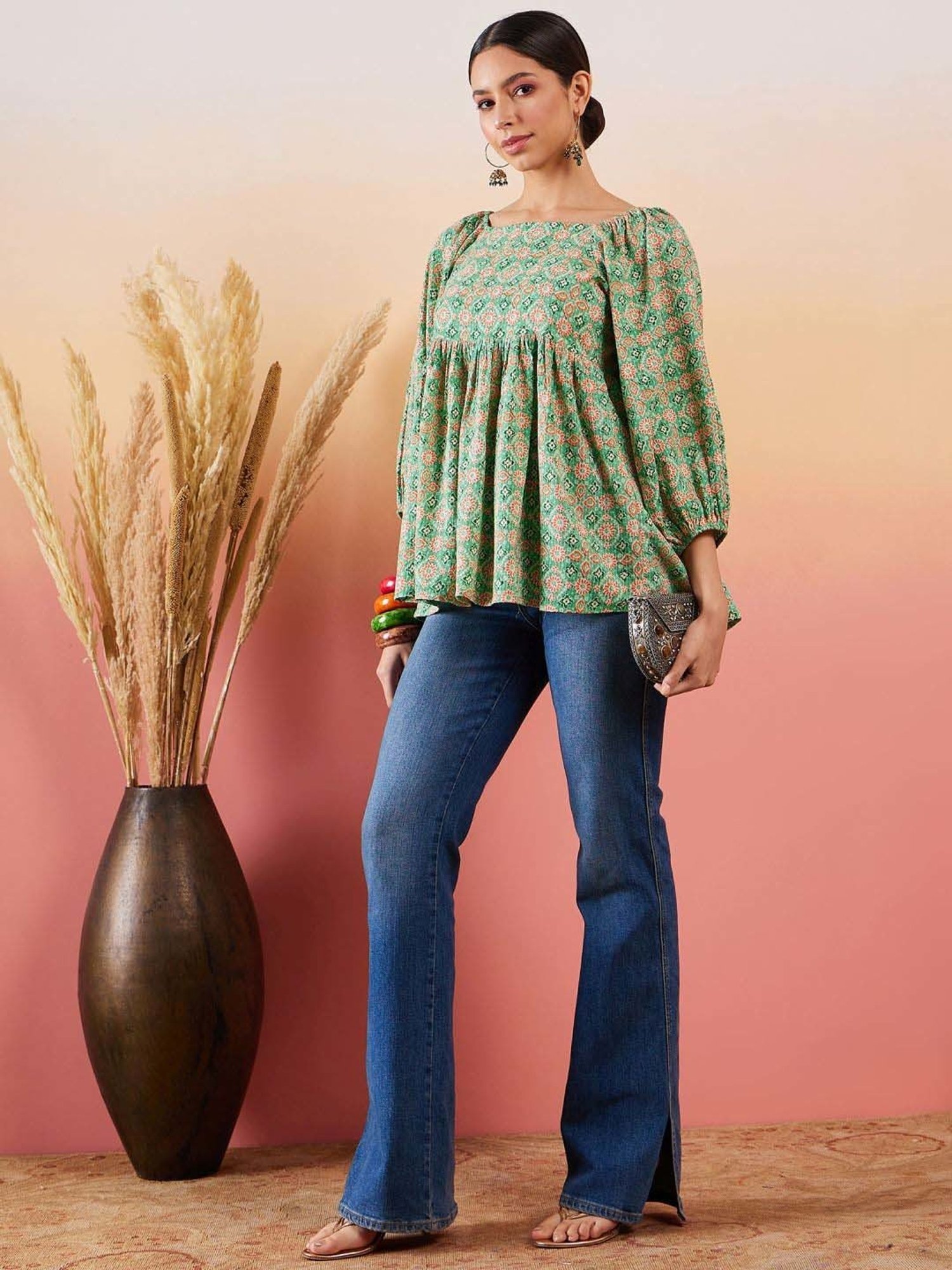 Inweave Green Cotton Printed Top