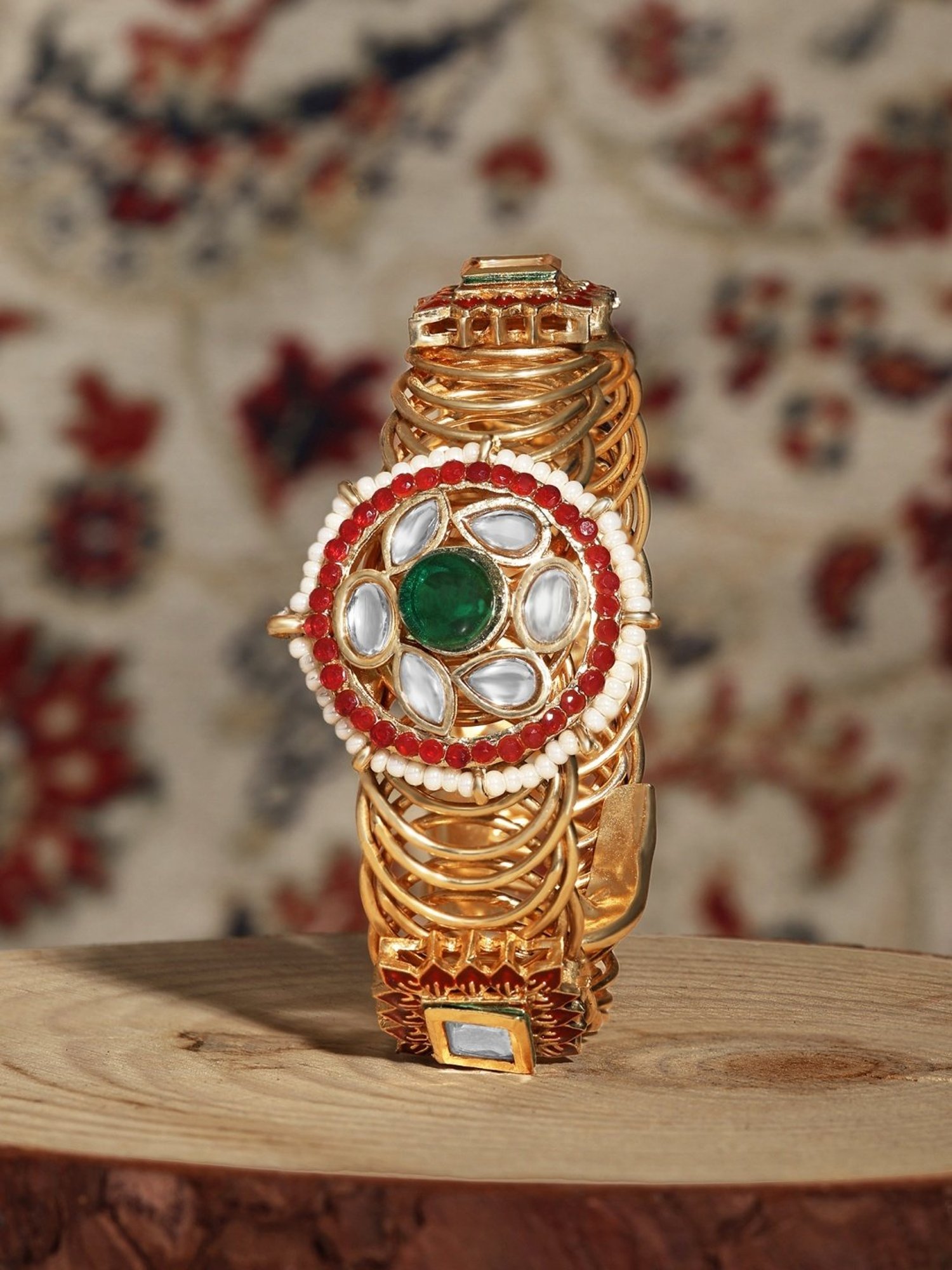 Zaveri Pearls Pink Green Stones & Kundan Embellished Flexible Ethnic Bangle Style Kada-ZPFK17133