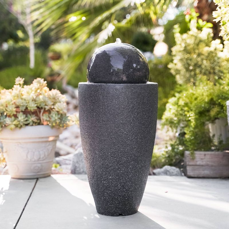 25.6" Indoor/Outdoor Round Modern Stone Textured Water Fountain with LED Lights Black - XBrand