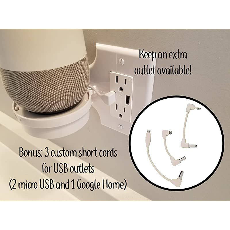 Smart Home Outlet Shelf Hidden Cord Storage and Extra Custom Short Cords Great for Google Home Nest Security Cameras Smart Speakers and more