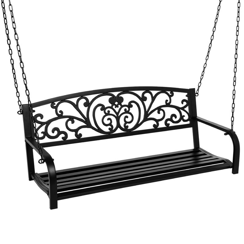 Best Choice Products 2-Person Metal Outdoor Porch Swing, Hanging Steel Patio Bench w/ Floral Accent - Black