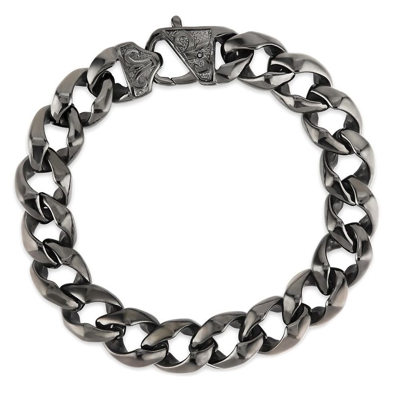 Men's Crucible Black Plated Stainless Steel Fleur-de-lis Curb Chain Link Bracelet (13mm) - Black (8.5")