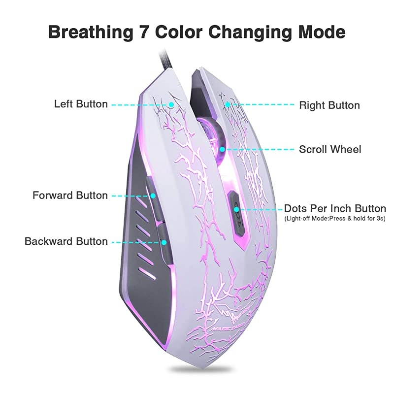 Keyboard Rainbow Backlit Wired Gaming Keyboard Mouse Combo LED 104 Keys USB Ergonomic Wrist Rest Keyboard 4800 DPI Mouse for PC Gamer White