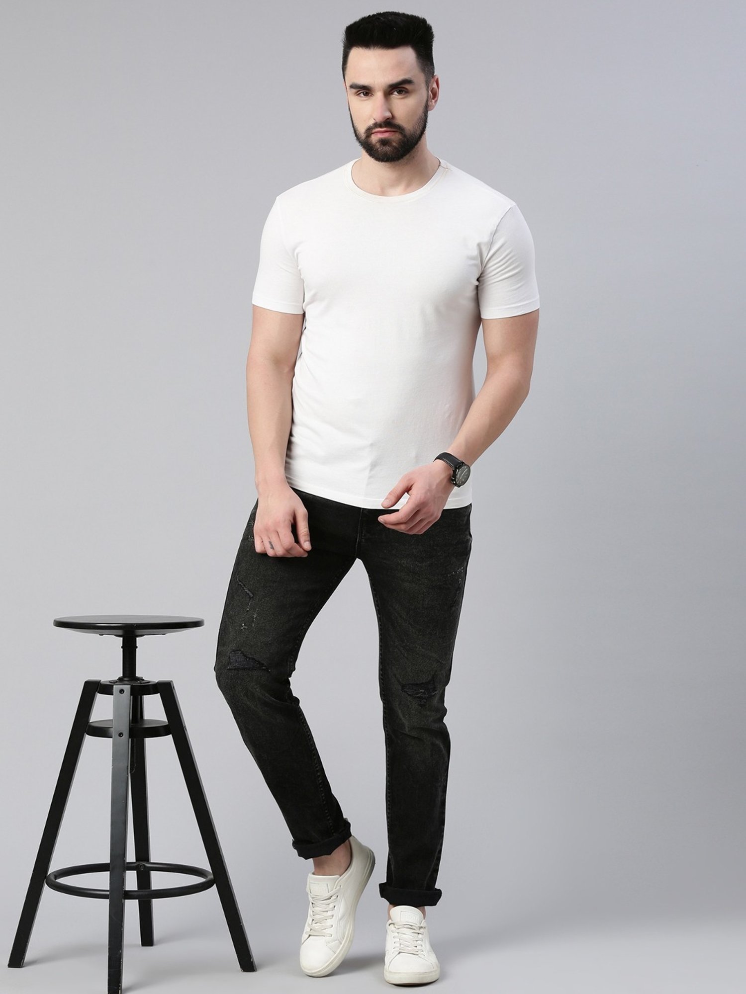 CINOCCI Black Cotton Slim Fit Distressed Jeans