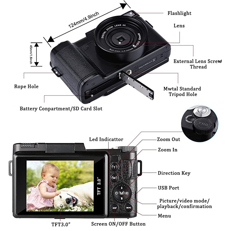 Digital Camera Camcorder,  Full HD 1080P 24.0MP Video Camera 3.0 Inch Flip Screen Vlogging Camera Camcorder with Retractable Flashlight for YouTube (Two Batteries Included)
