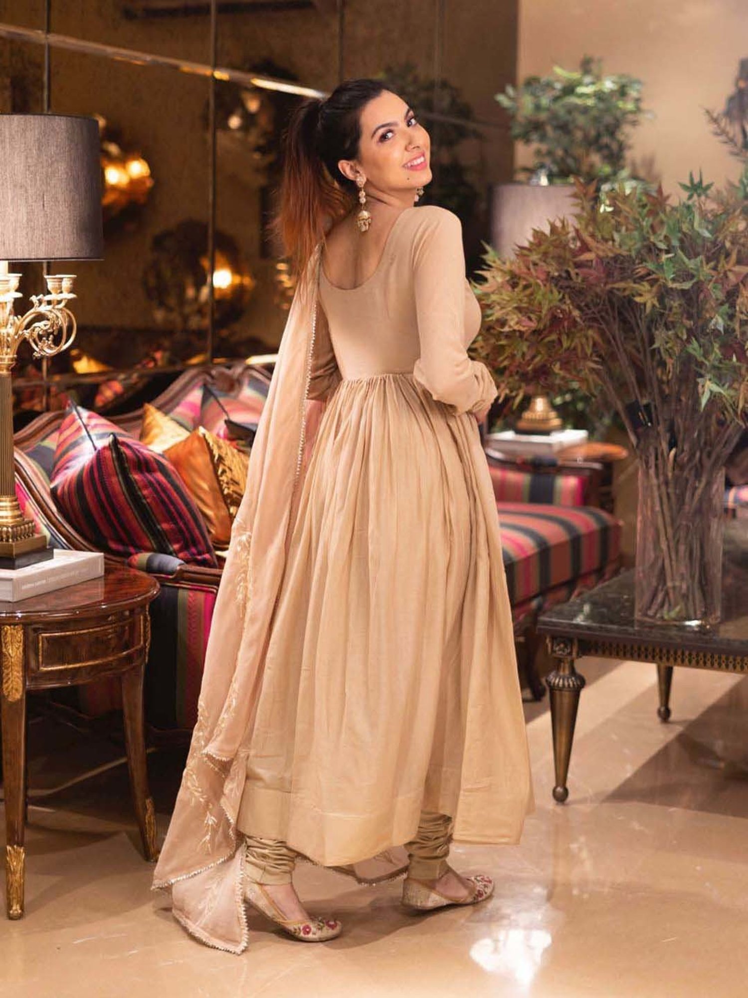 AACHHO Beige Kurta Pant Set With Dupatta