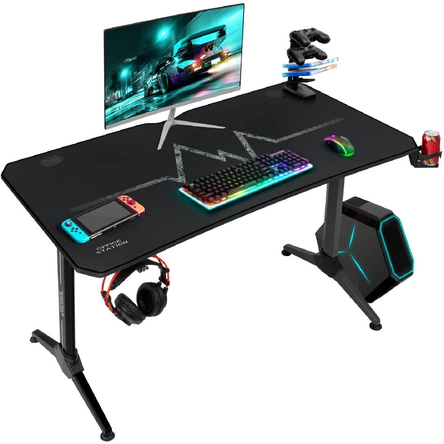 Furmax 43 Inch Gaming Desk Racing Style PC Computer Desk Y-shaped Home Office with Desk Large Carbon Fiber Desktop, Cup Holder, Headphone Hook, Full Mouse Pad, and Gaming Handle Rack (Black)