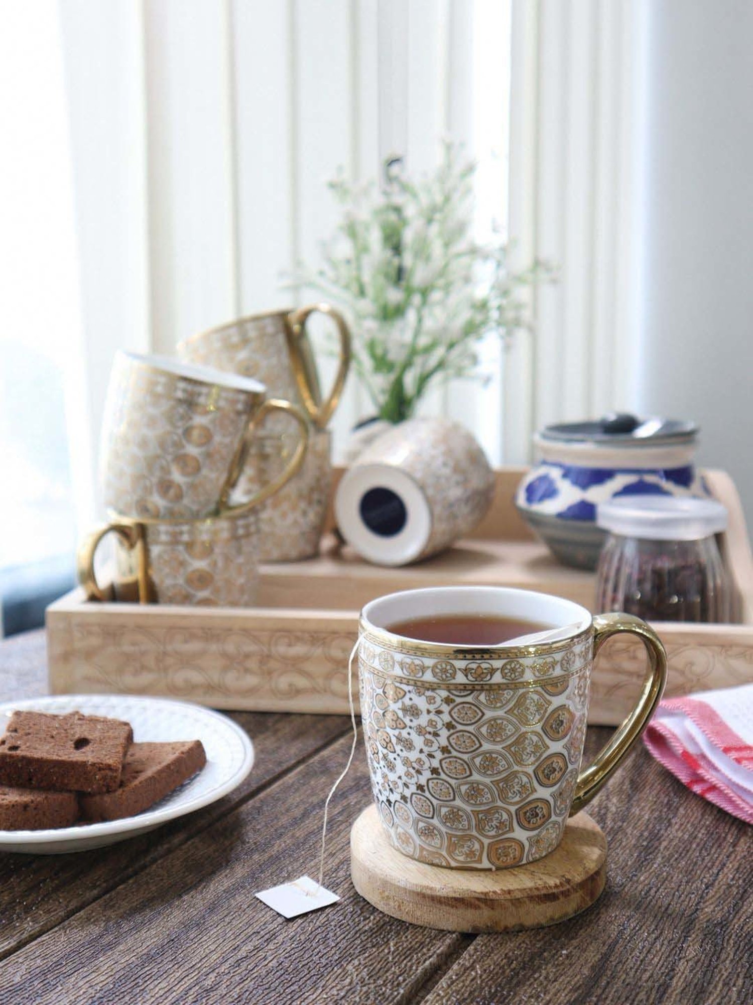 Femora Golden & White Bone China Tea Cup (0.16 L) - Set of 6