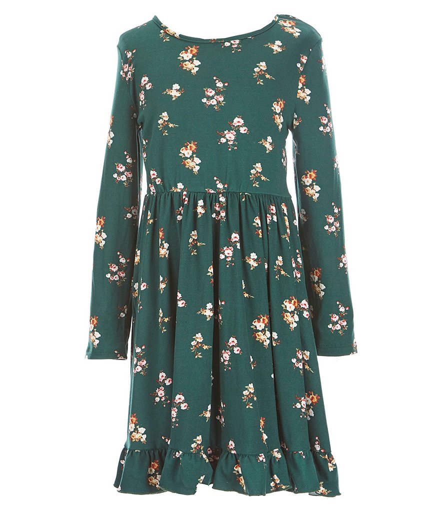 Zunie Big Girls 7-16 Long-Sleeve Ditsy Print Ruffle Hem Babydoll Dress