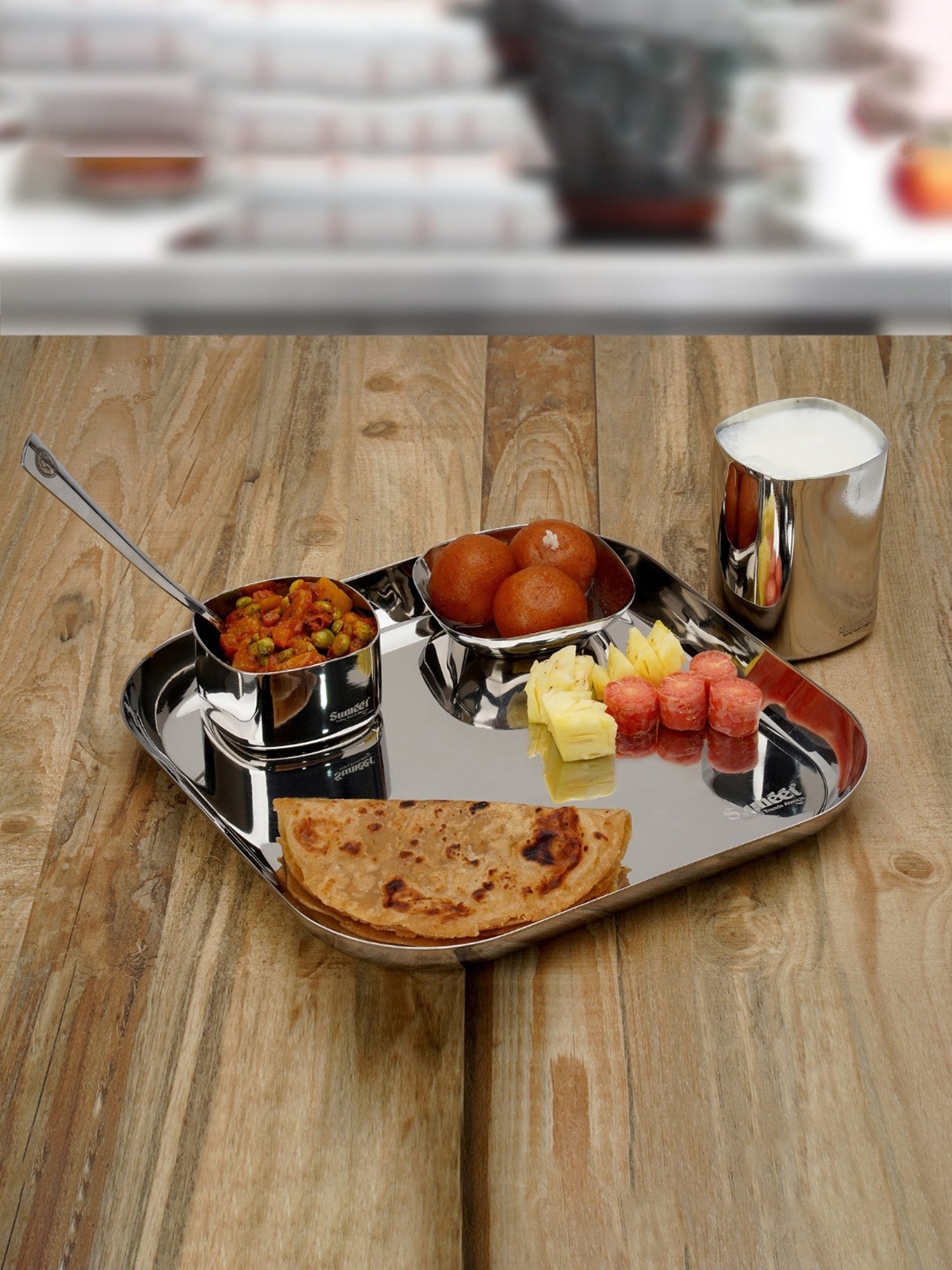 Sumeet Square S.S. Mirror Finish Dinner set of 30Pc(6 Plate,6 Halwa Plate,6 Bowl ,6 Glass,6 Spoon)