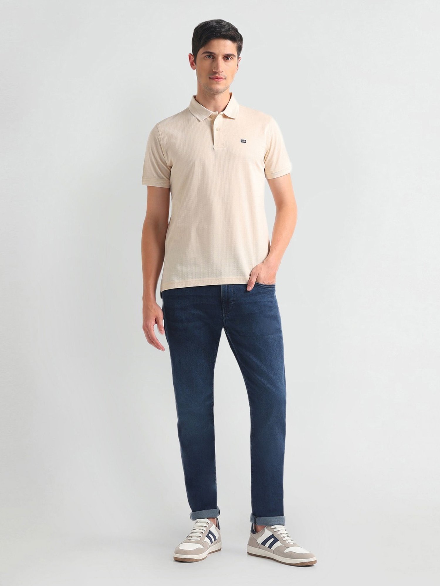 Arrow Sports Beige Cotton Regular Fit Self Pattern Polo T-Shirt