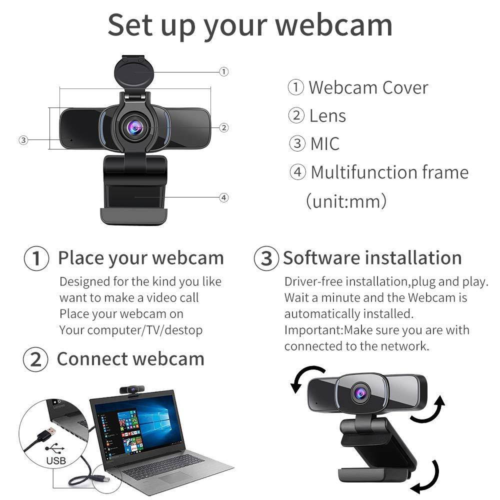 Dericam 1080P Webcam, USB Webcam, HD Computer Camera for Skype, FaceTime, Hangouts, PC/Mac/Laptop/MacBook/Tablet with Built-in Mic and Privacy Cover