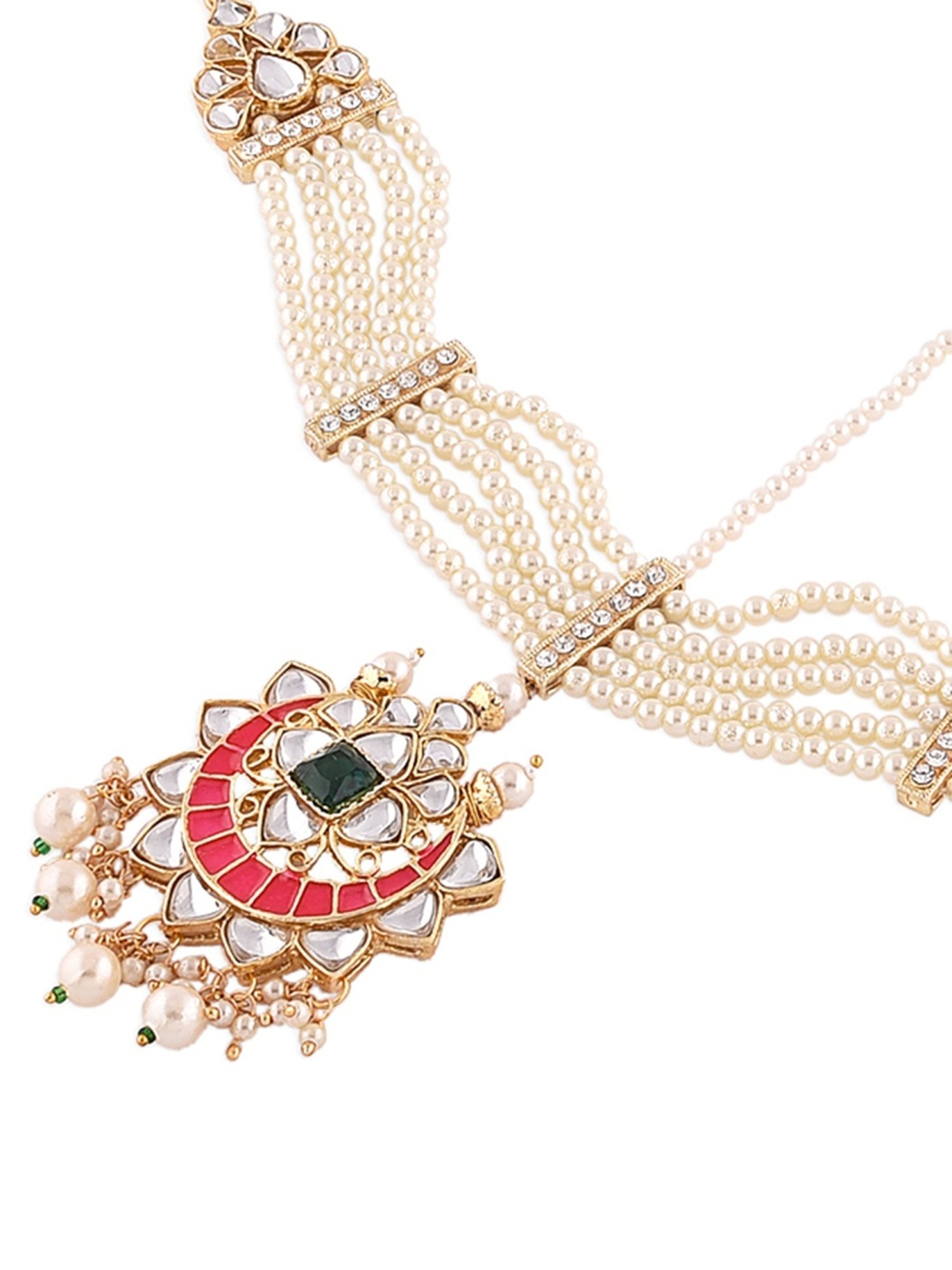 Zaveri Pearls Pink Meenakari Crescent Bridal Kundan Multistrand Pearls MathaPatti-ZPFK13195