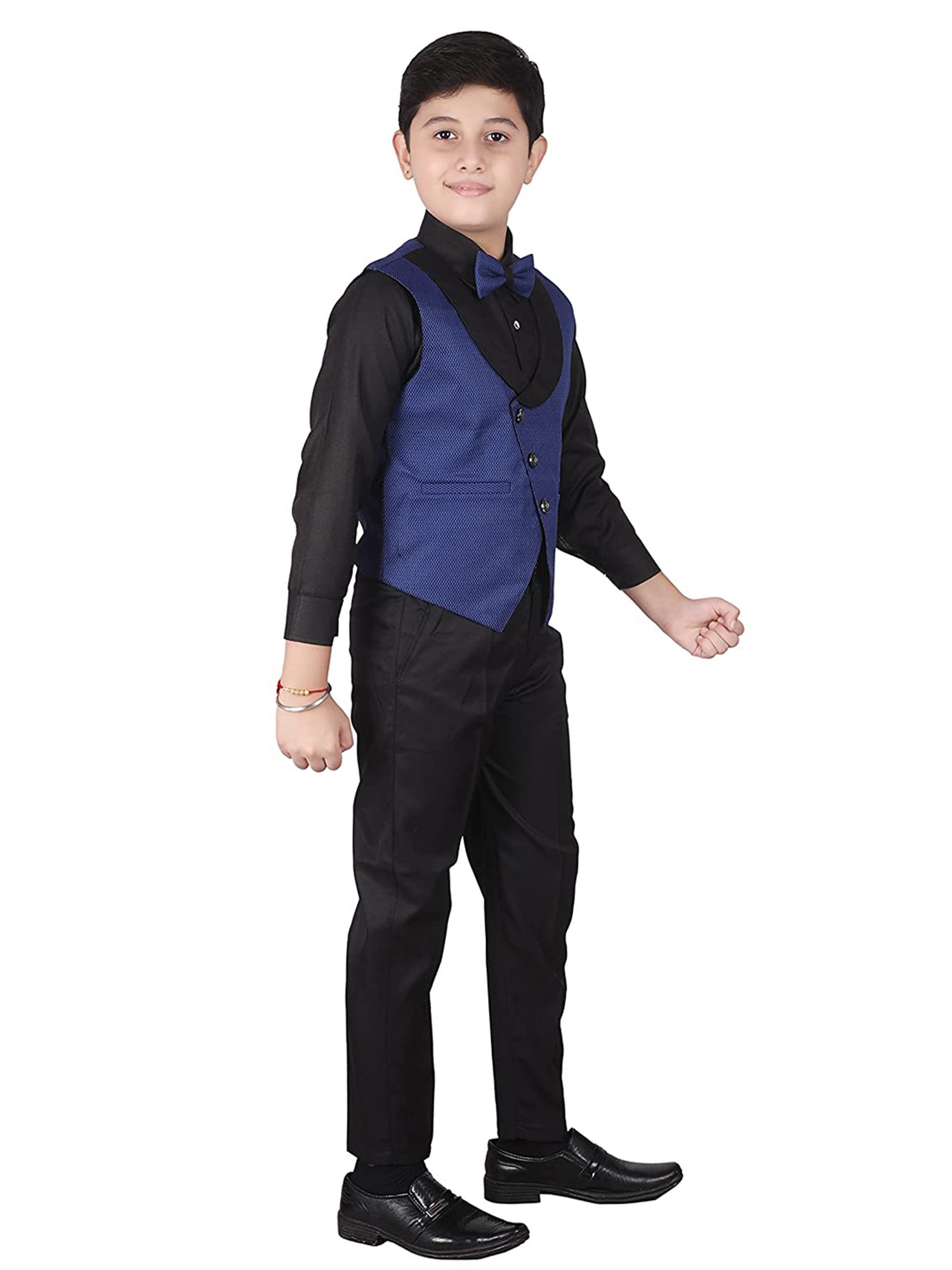 Pro-Ethic Style Developer Kids Navy & Black Printed Full Sleeves Shirt, Waistcoat, Pants with Bow