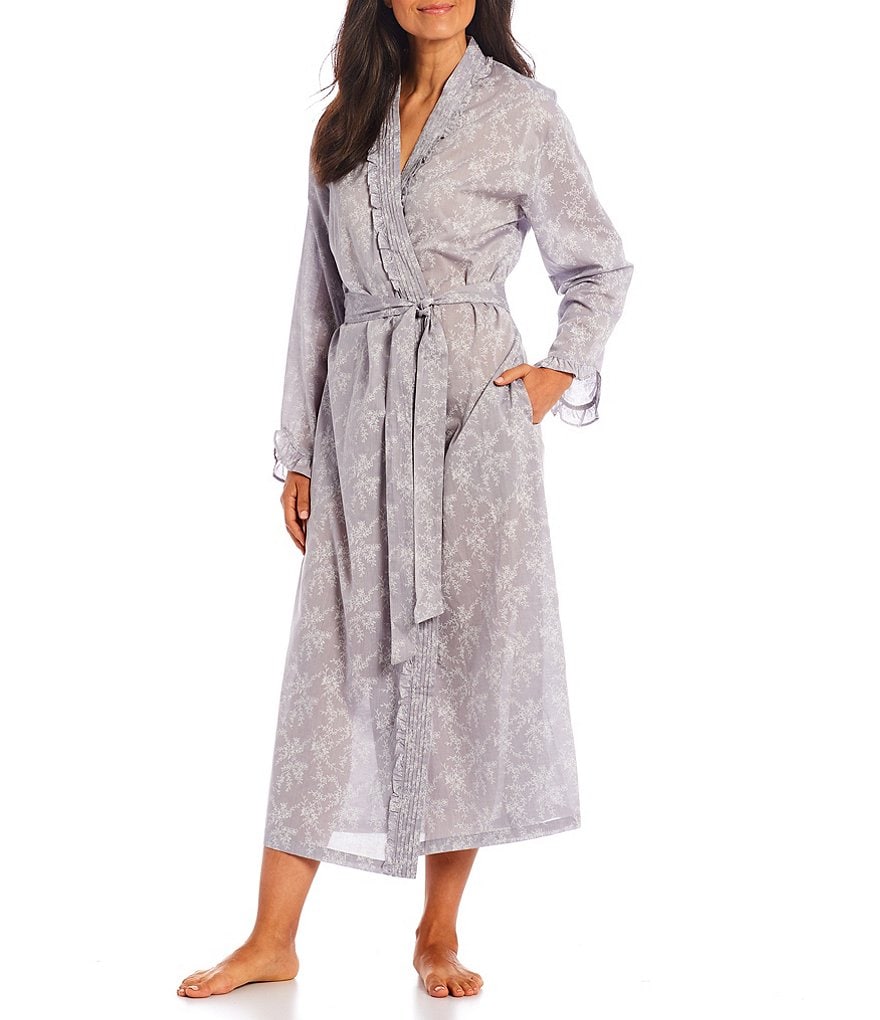 Eileen West Yarn-Dye Floral Print Chambray Long Sleeve Ballet Wrap Robe