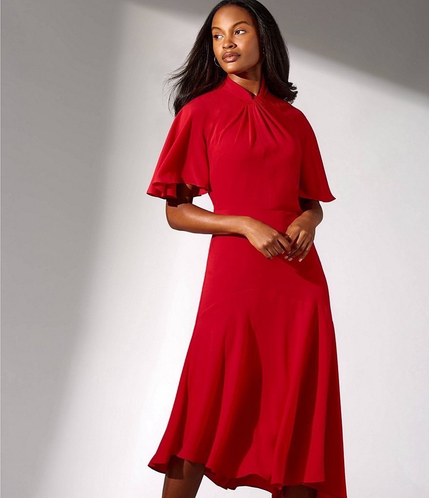 Maggy London Asymmetrical Crepe Midi Stretch Dress