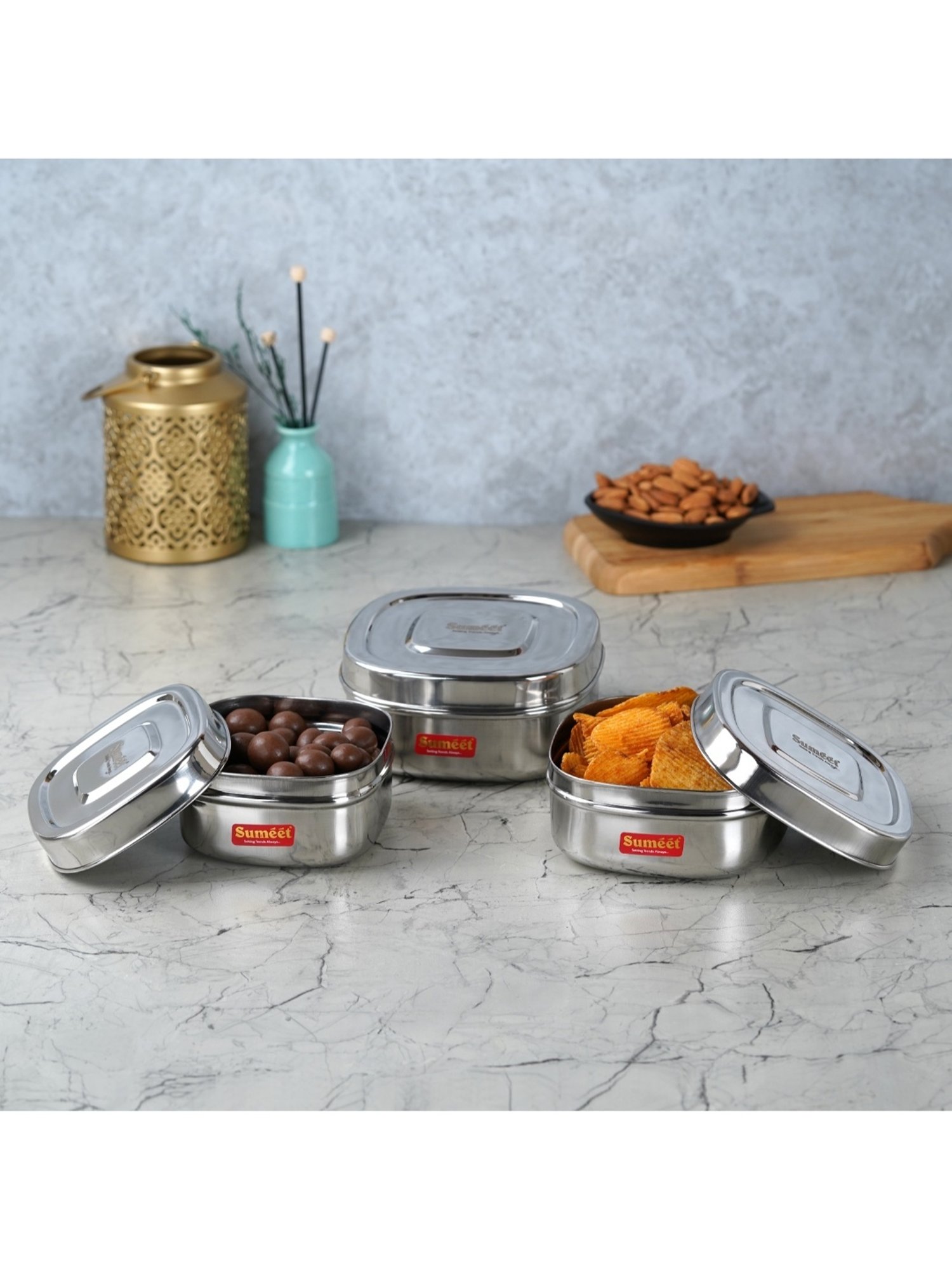 Sumeet S.S.Square Storage container box for Kitchen, 3Pc, 550ml,700ml & 1000ml, 11cm,12.5cm&14.5cm
