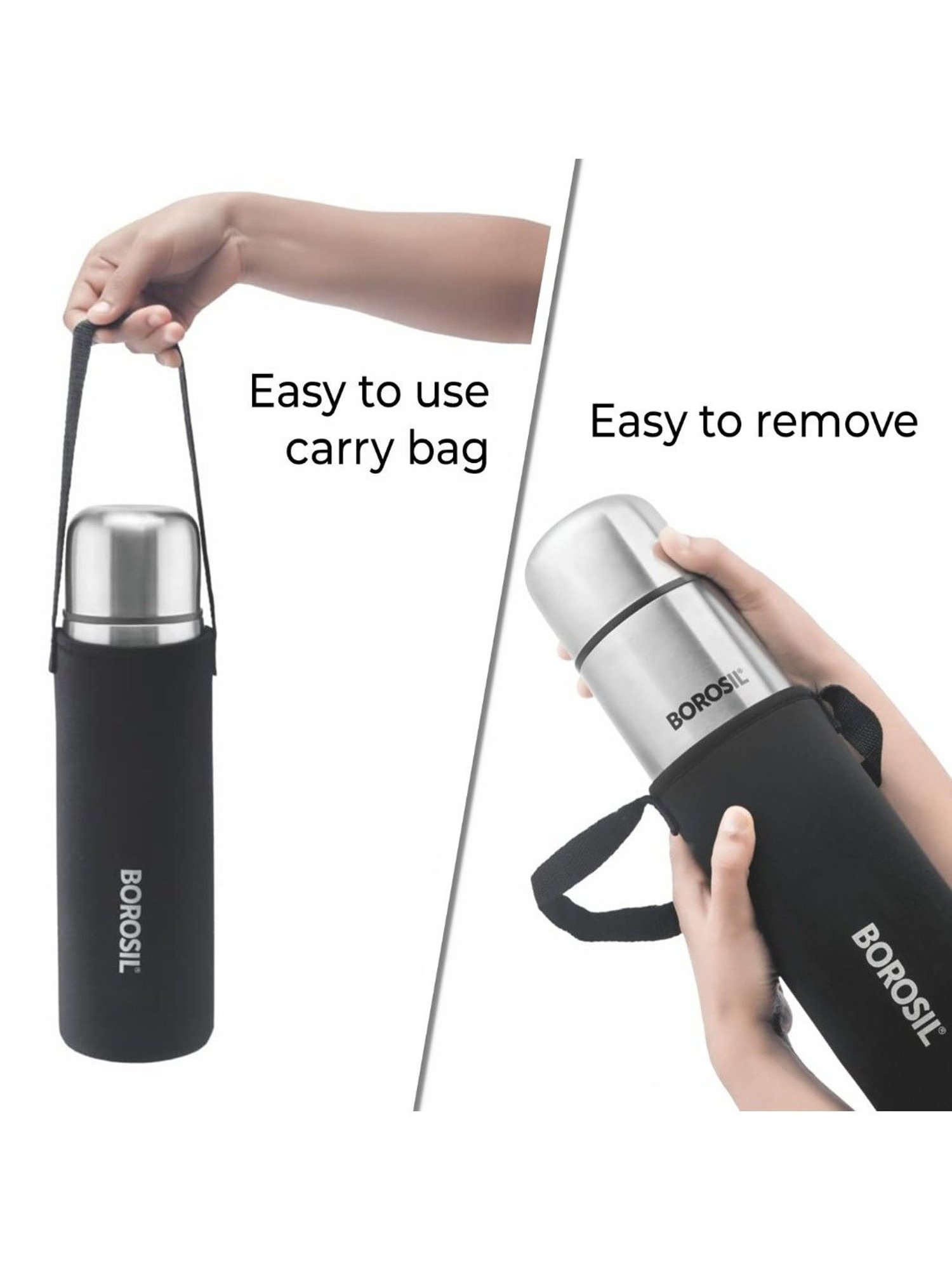 Borosil Silver Stainless Steel Double Wall Vaccum Insulated Water Bottles (1000ml)