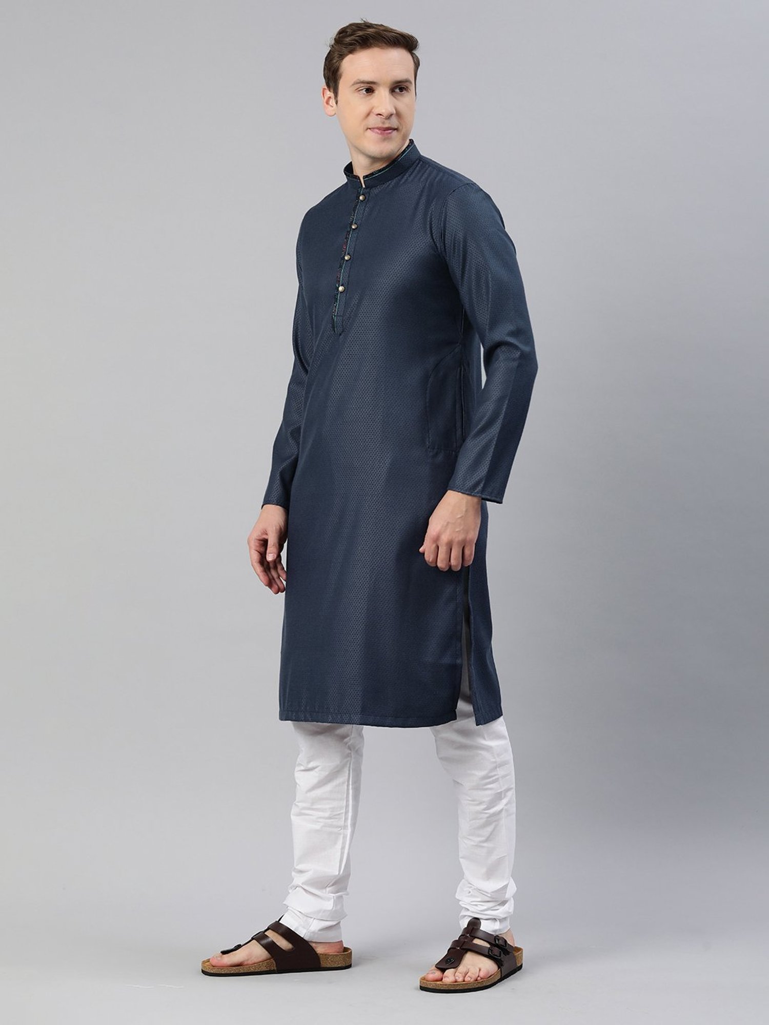 Manthan Navy & White Regular Fit Self Design Kurta & Pyjamas Set