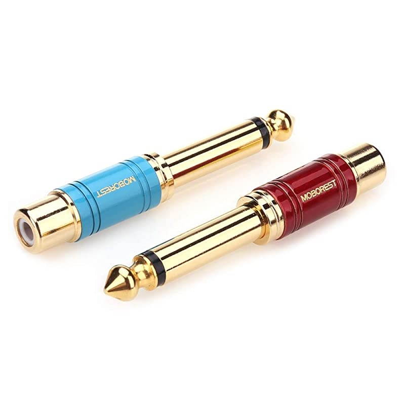 RCA to 14  RCA to 635mm Mono Plug TS Audio Adaptor 14 in Male to RCA Female Phono Pure Copper Color Paint Adapter Coupler Connector 1Red+1Blue