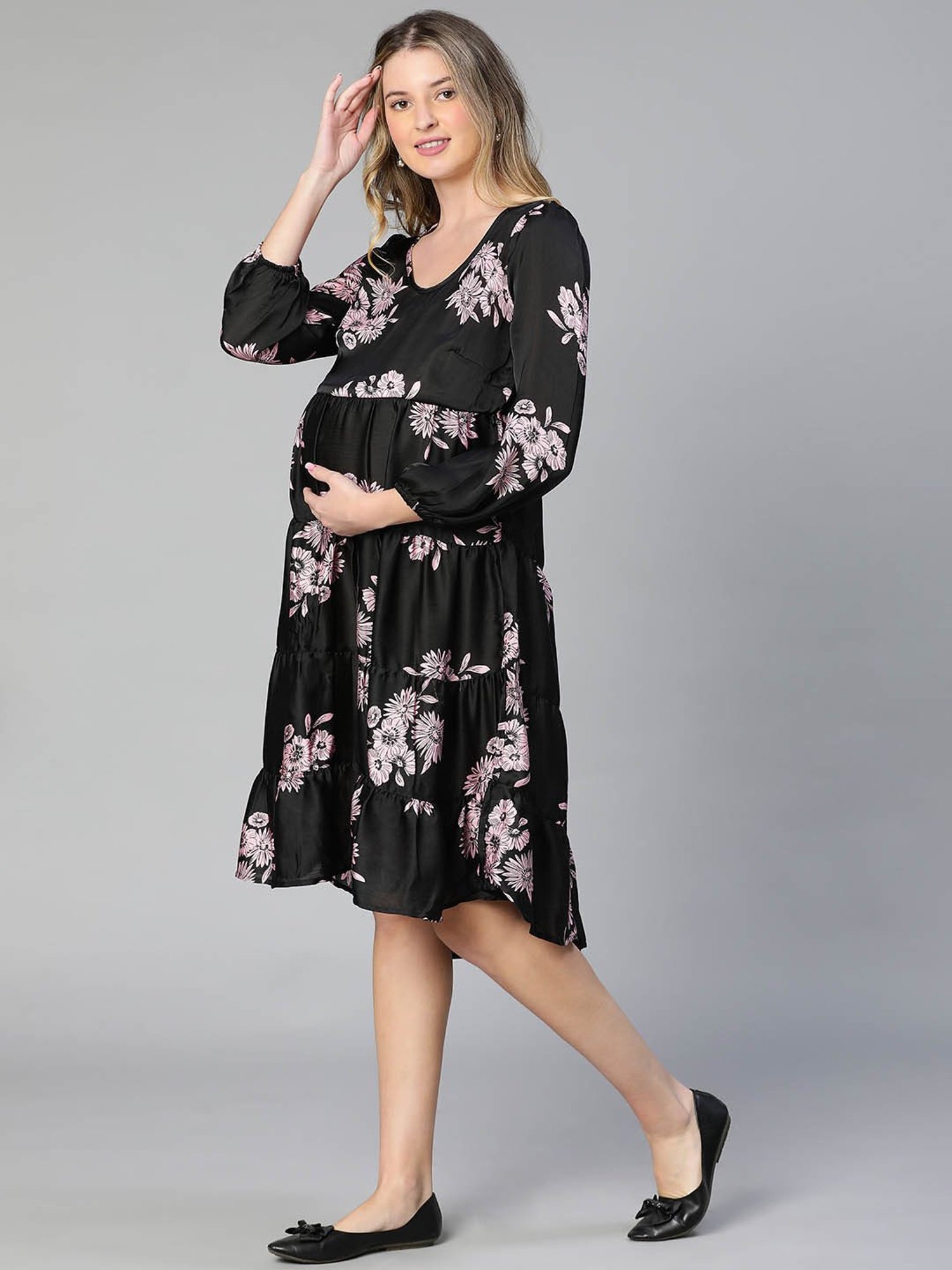 Oxolloxo Black & Pink Printed Maternity Dress