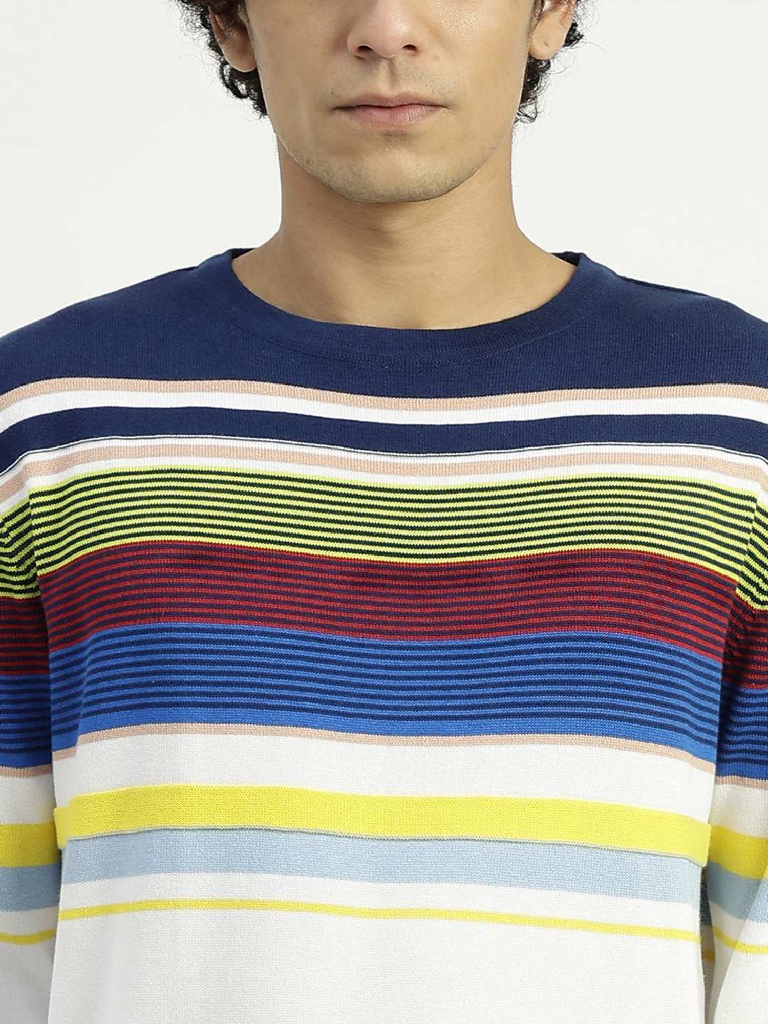 United Colors of Benetton White Pure Cotton Regular Fit Striped Sweater