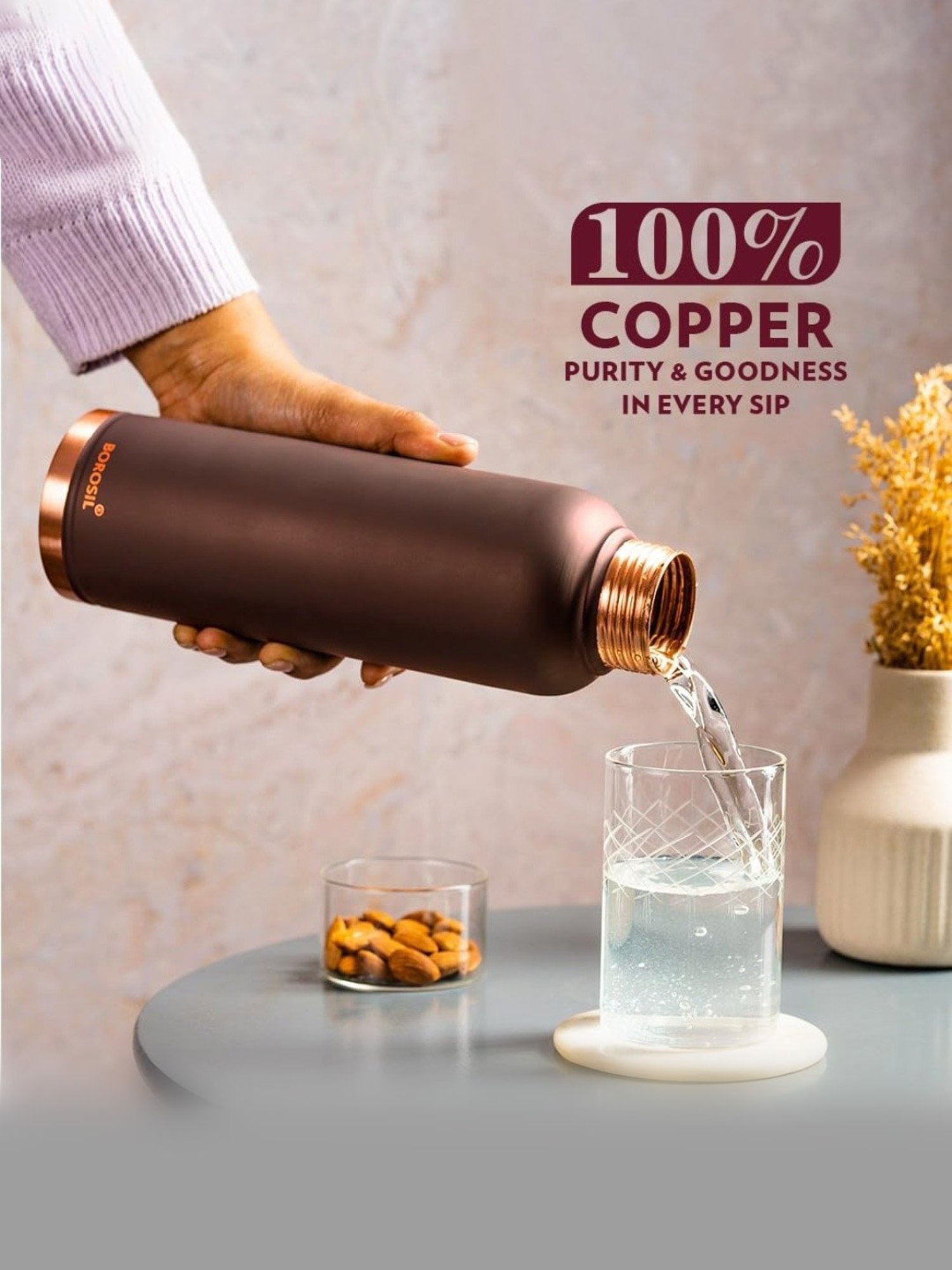 Borosil Water Bottle with 100 percent Copper & Leakproof (Brown, 1000 ml)