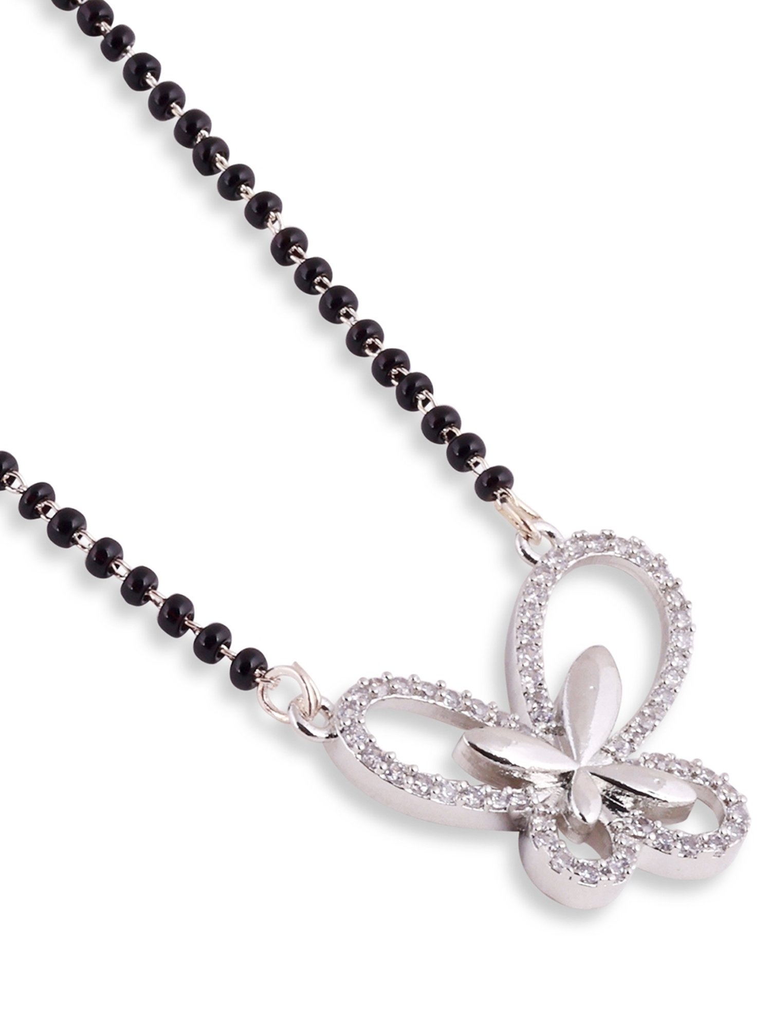 Abdesigns Silver-Plated Black Beaded American Diamond Mangalsutra