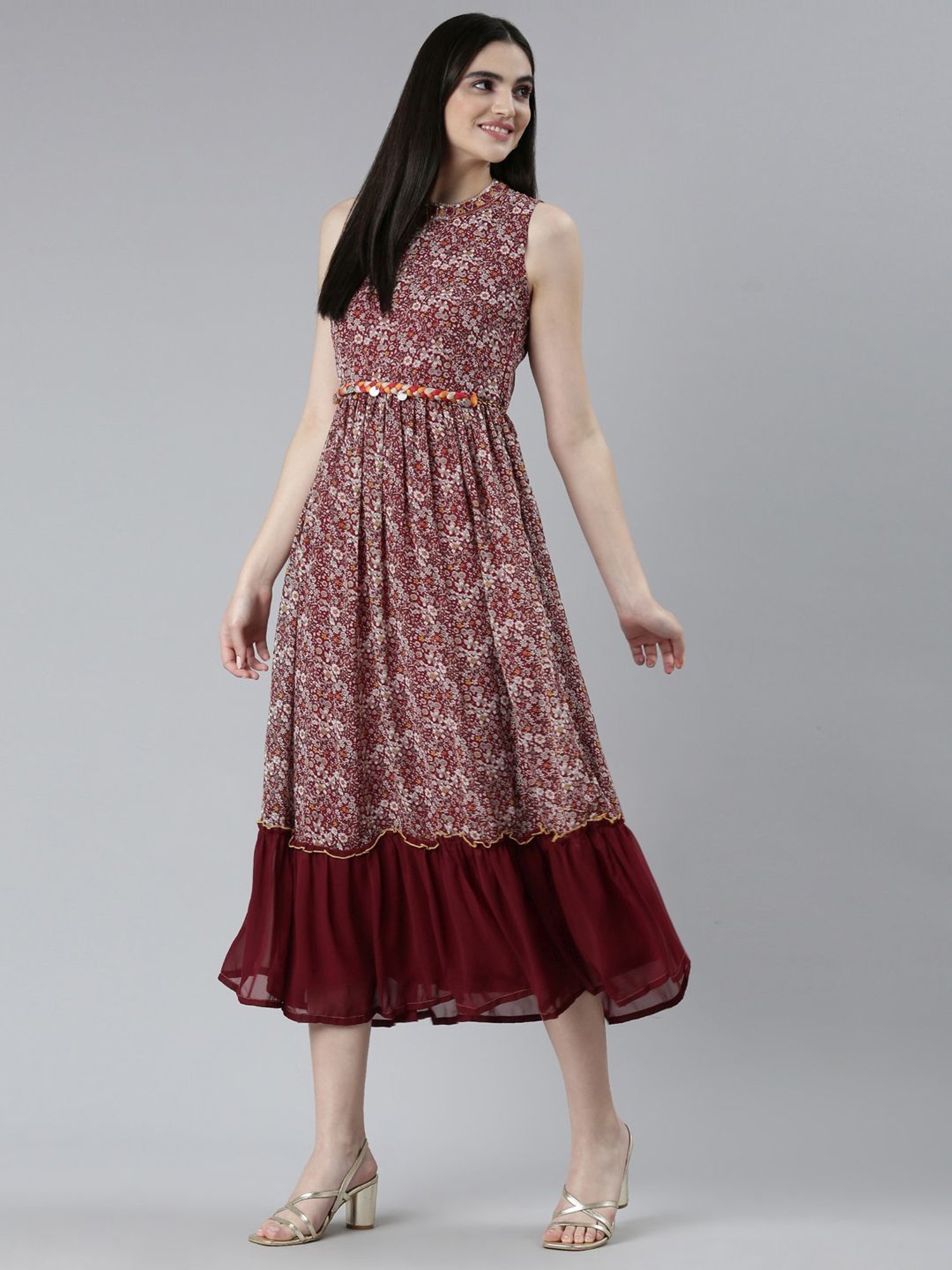 Neerus Maroon Floral Print Blouson Dress