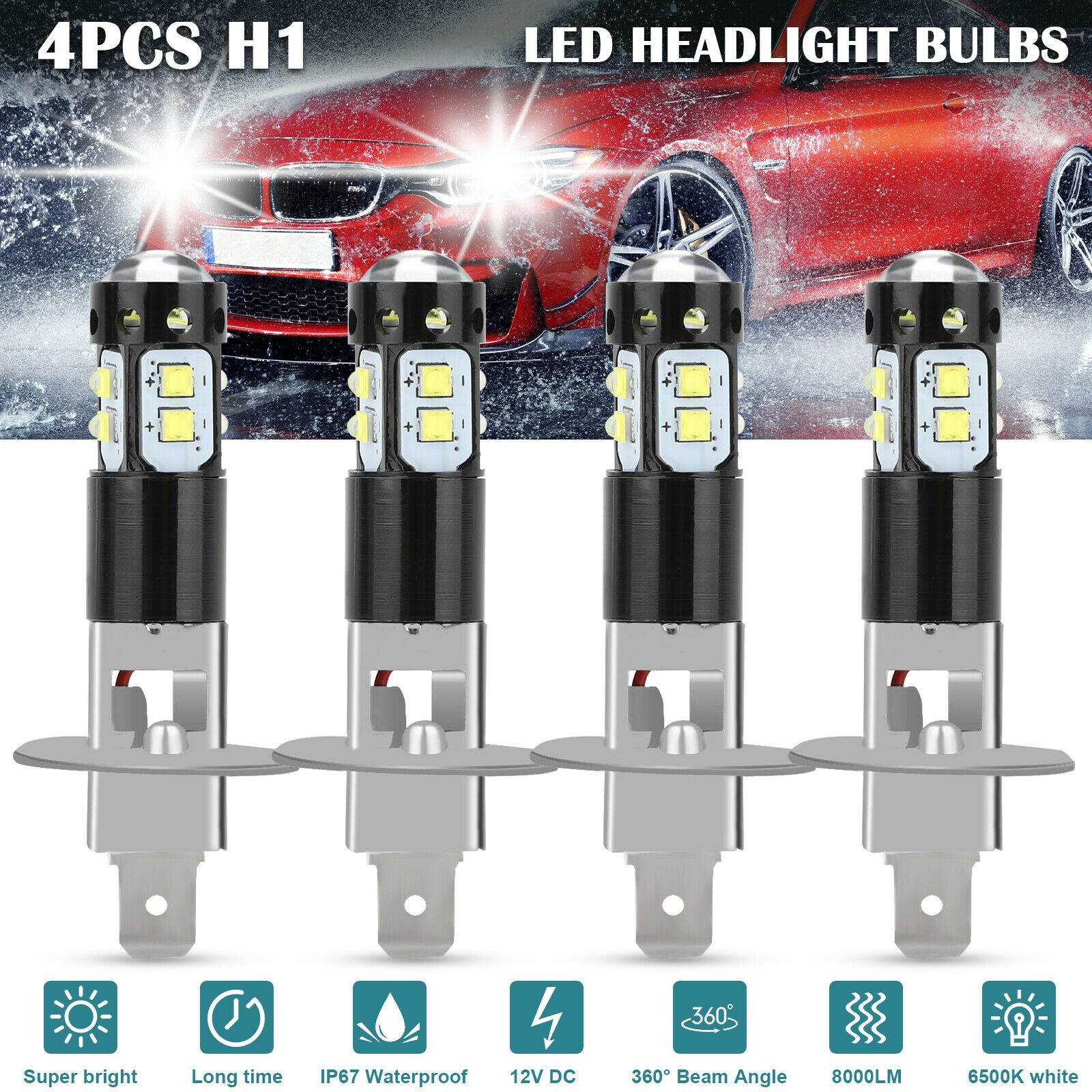 4PCS H1 200W CREE LED Headlight Bulbs Kit Fog Driving Light 6500K Super White