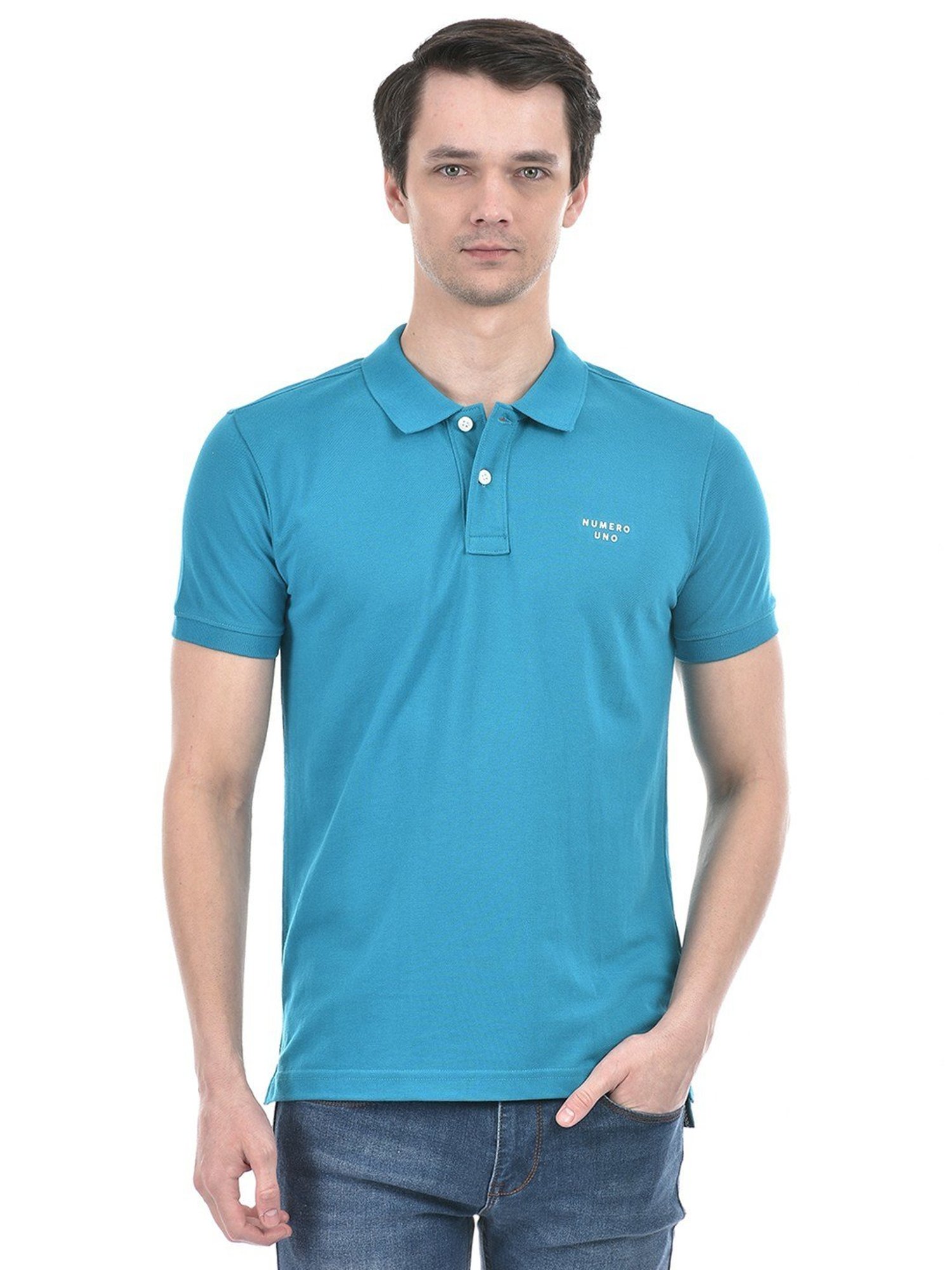 Numero Uno Teal Cotton Slim Fit Polo T-Shirt