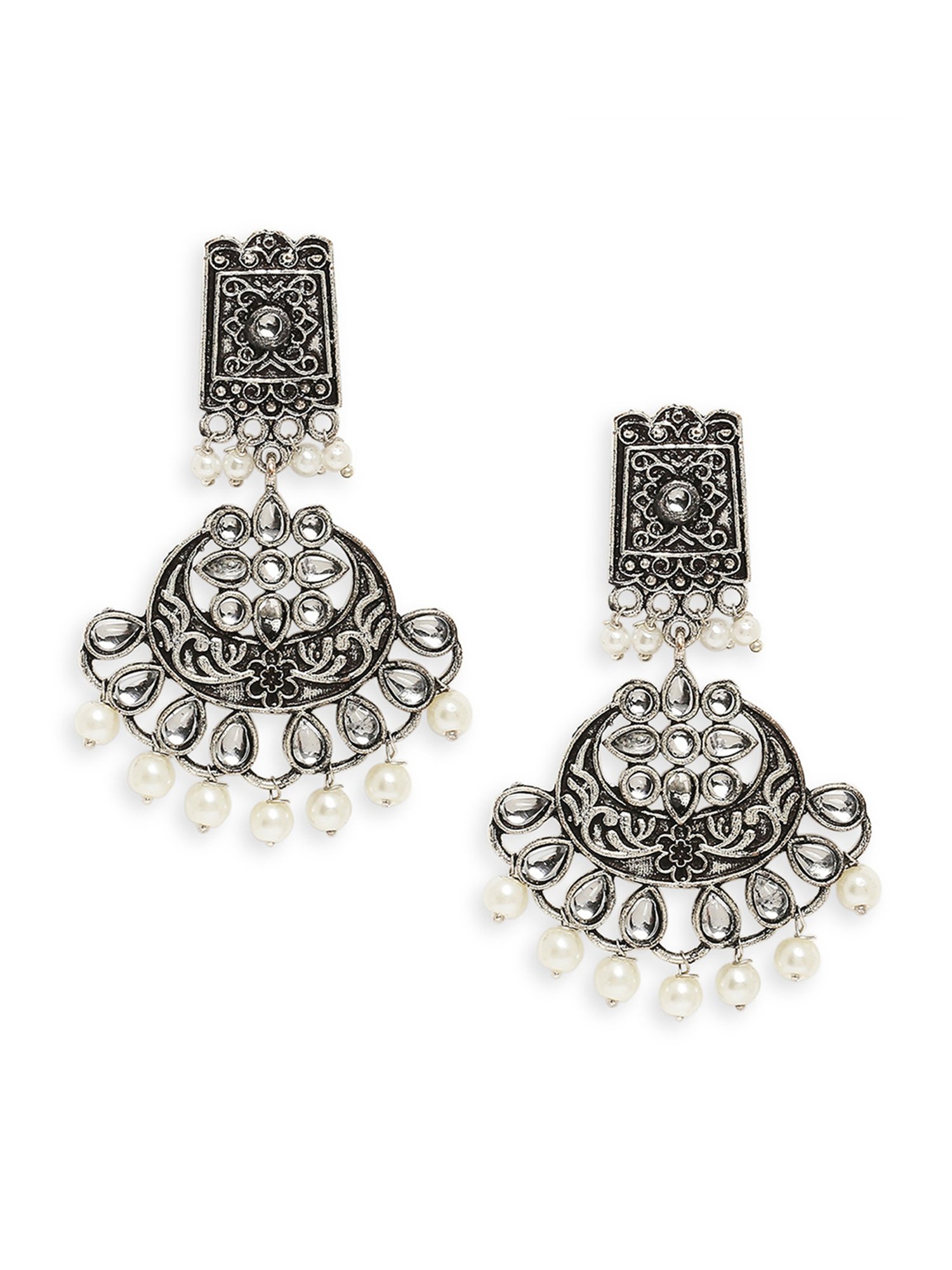 OOMPH Jewellery Oxidised Silver Look Alike Kundan Stone & Pearls Floral Design Ethnic Dangler