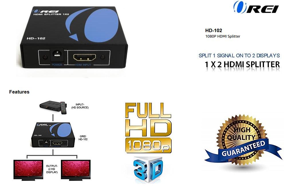 High Performance 1080P HDMI Splitter, 1 x 2 HDMI Splitter V1.3 Powered 1080P Certified Duplicate/Mirror Screen Monitor Supports 3D High Resolutions - 1 Source onto 2 Same Displays