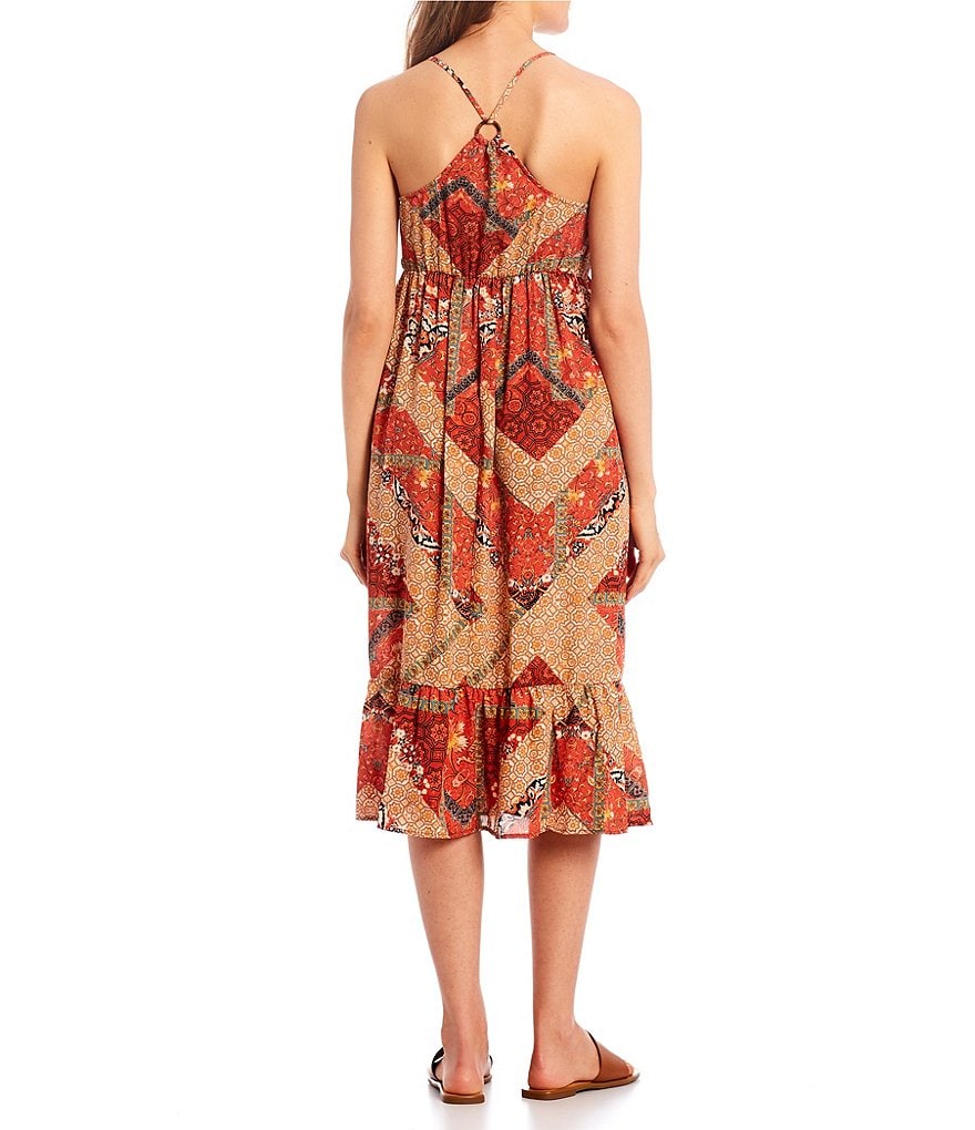 Evolutionary Spaghetti Strap Scoop-Neck Patchwork Print Maxi Dress
