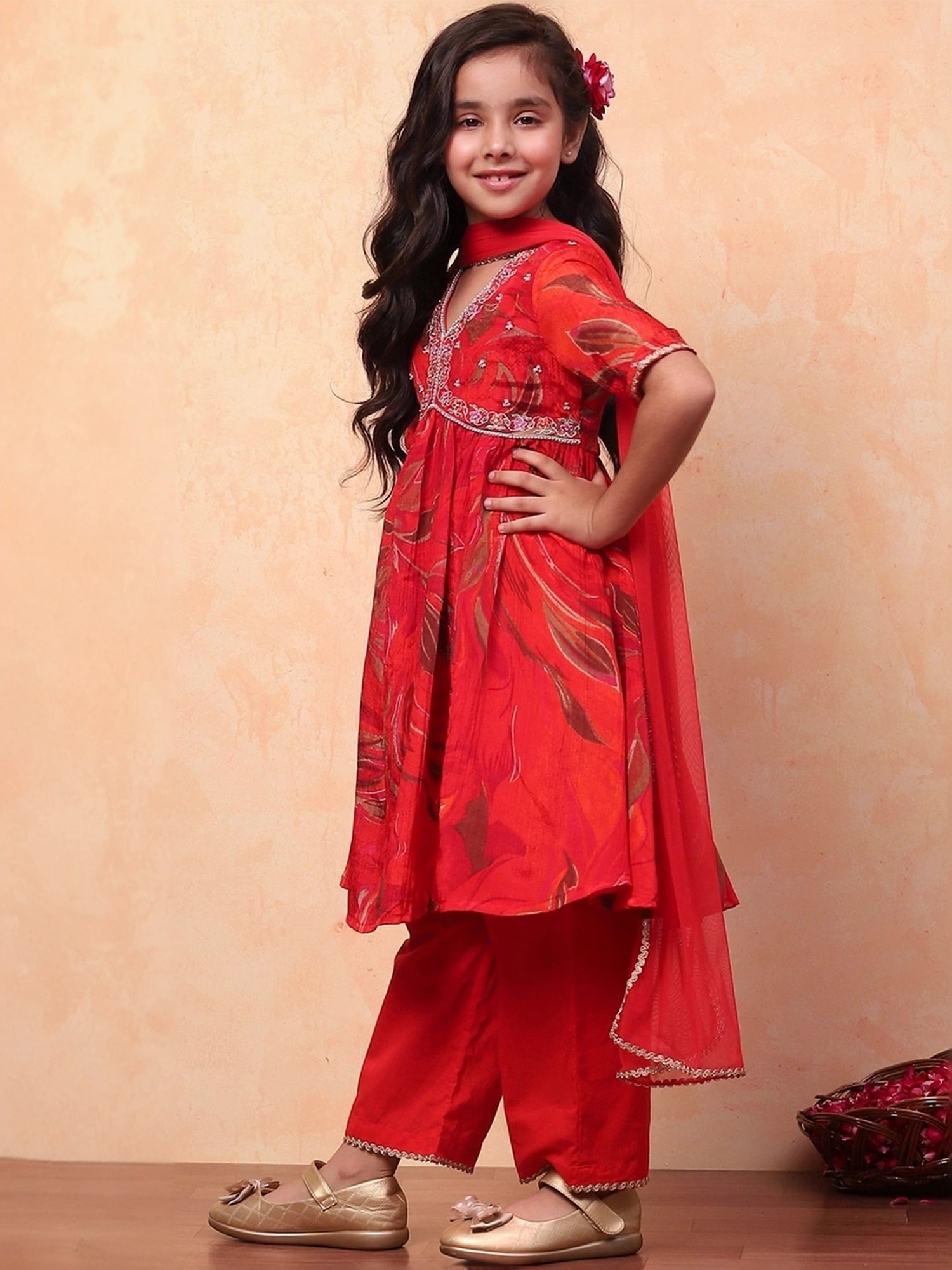 Biba Girls Red Printed Kurta set