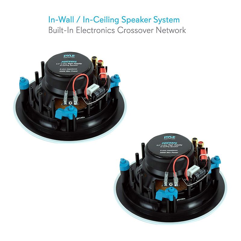 Pyle PDIC68FG 6.5 Inch 300 Watt In Ceiling Wall Hi Fi Speakers Full Range High Performance Speaker System Pair with Magnetic Grills, White