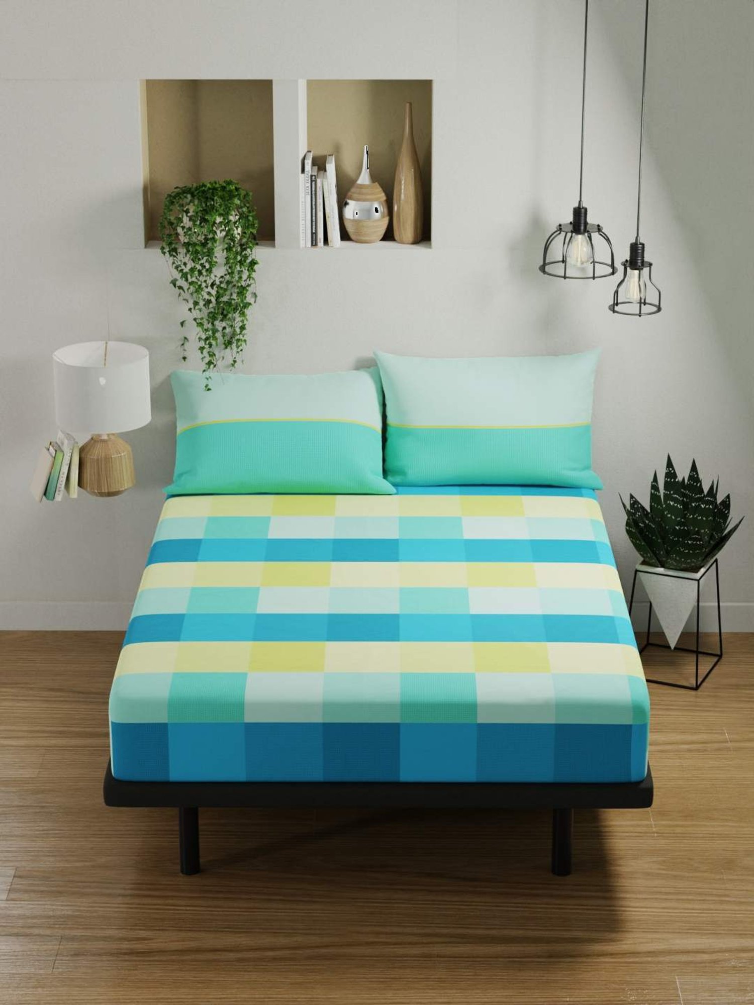 Bianca PLATINUM Checks Teal 144 TC Cotton Double Bedsheet with 2 Pillow Covers