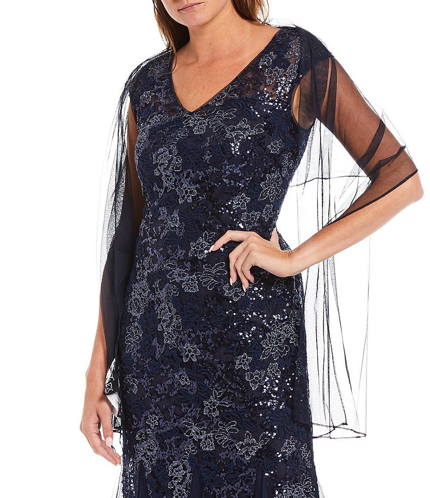 Jkara Petite Size 3/4 Sleeve Lined Illusion Crew Neck Beaded Gown