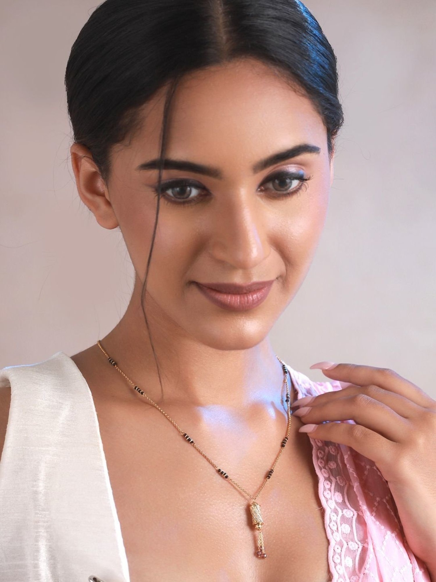 Abdesigns Gold-Plated American Diamond & Black Beaded Mangalsutra