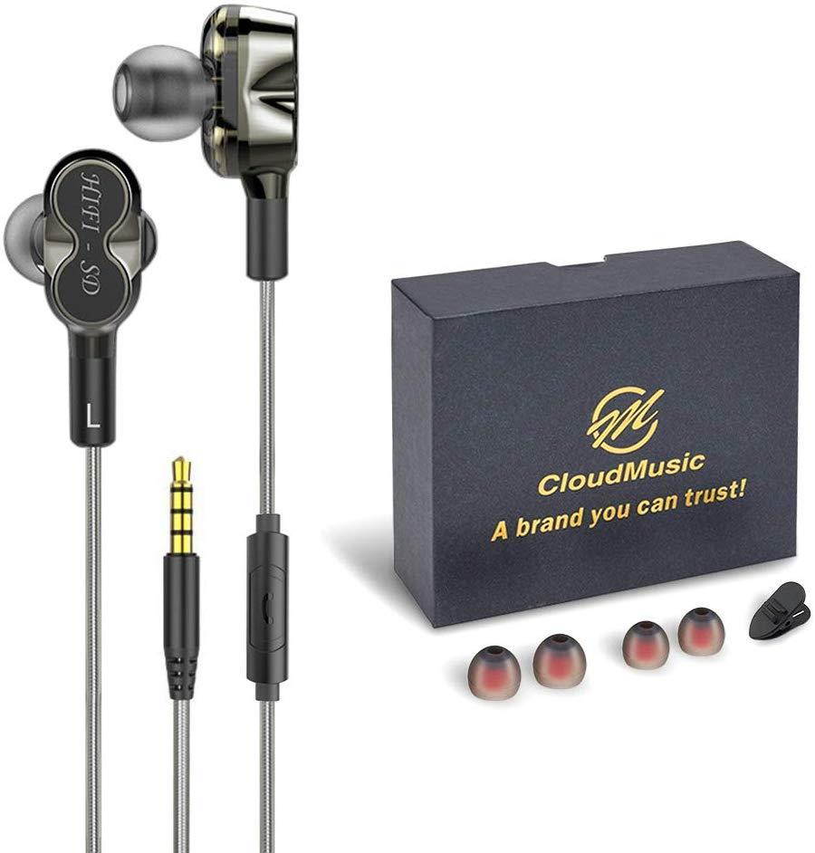 CLOUDMUSIC Ear Buds in-Ear Earphones Noise Isolating Headphones Wired Bass with Mic HiFi Music for Phones (Dual Drivers, Black)