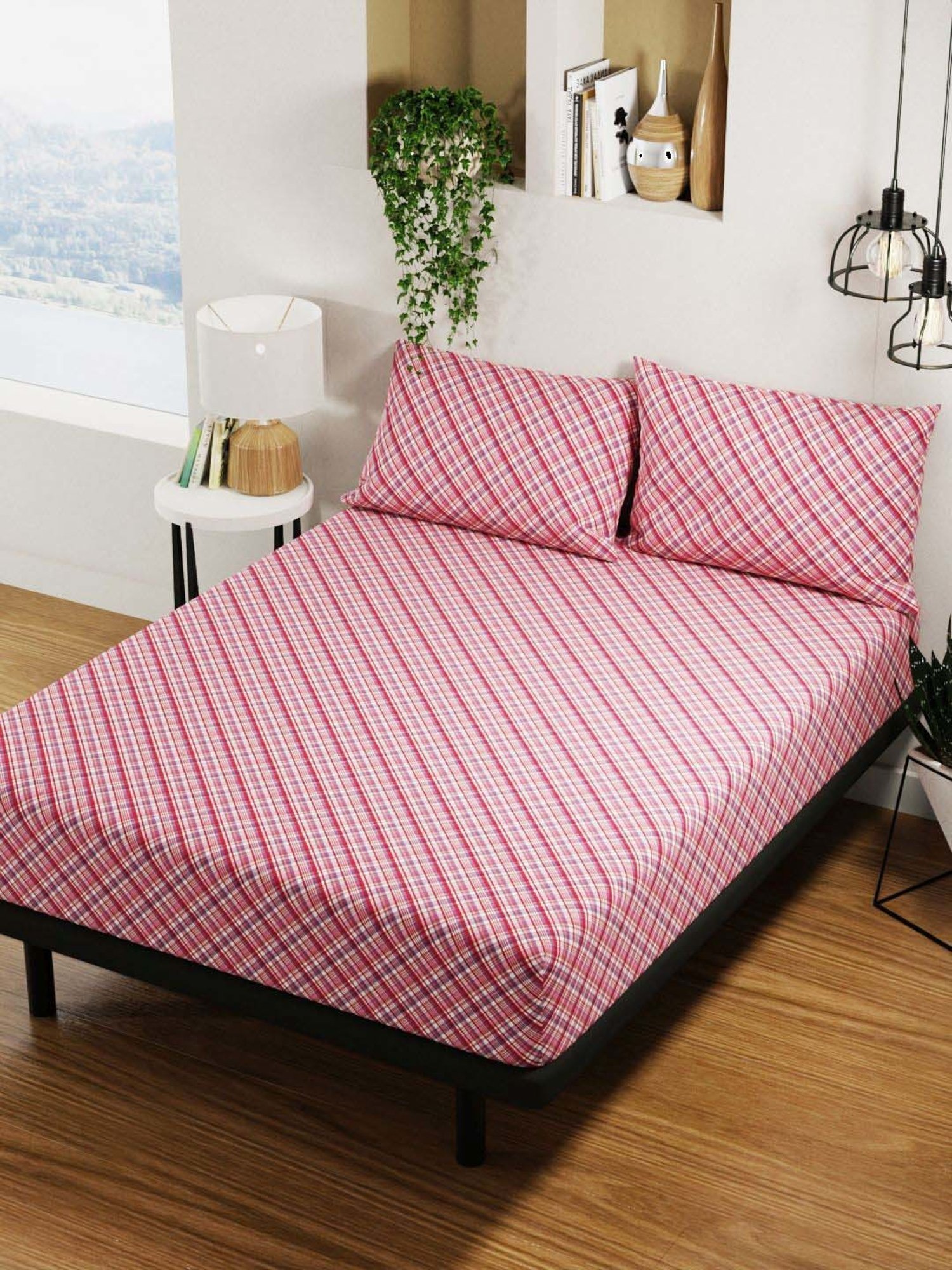 BIANCA Platinum Red Cotton 144 TC Double Size Bed Sheet With Pillow covers