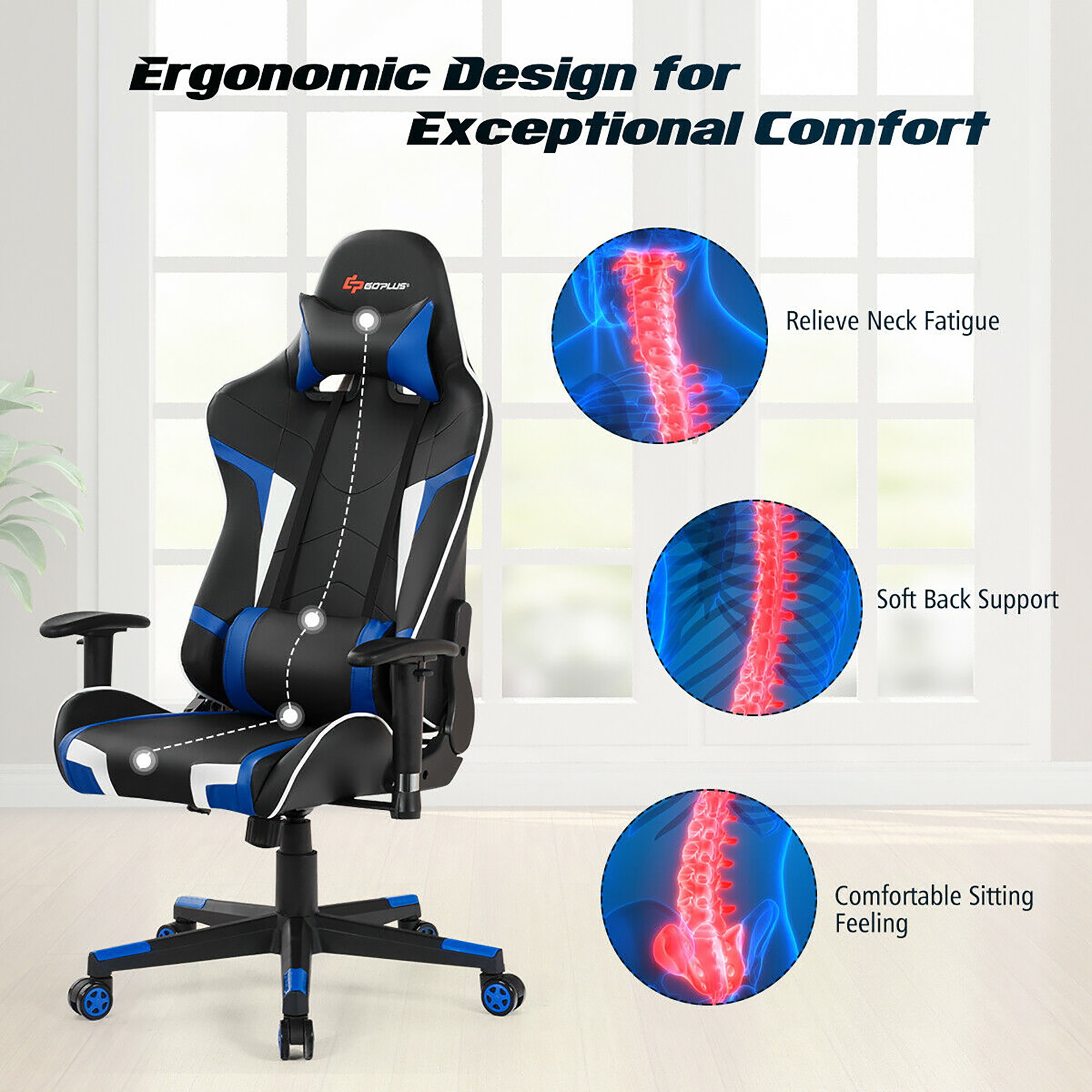 Massage Gaming Chair Reclining Swivel Racing Office Chair w/Lumbar Support Blue